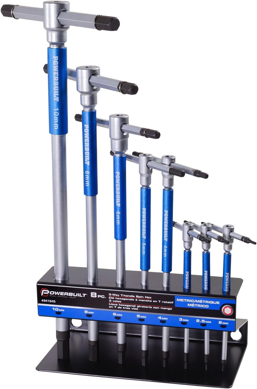 Powerbuilt 8 Pc Metric T-Handle Hex Allen Key Wrench Set w/ Speed Sleeves for Fast Spinning Action, Sliding Top Handle for &ldquo;T&rdquo; or &ldquo;L&rdquo; Shape, Long Shafts, Storage Rack, Auto, Bicycle, Moto - 941645