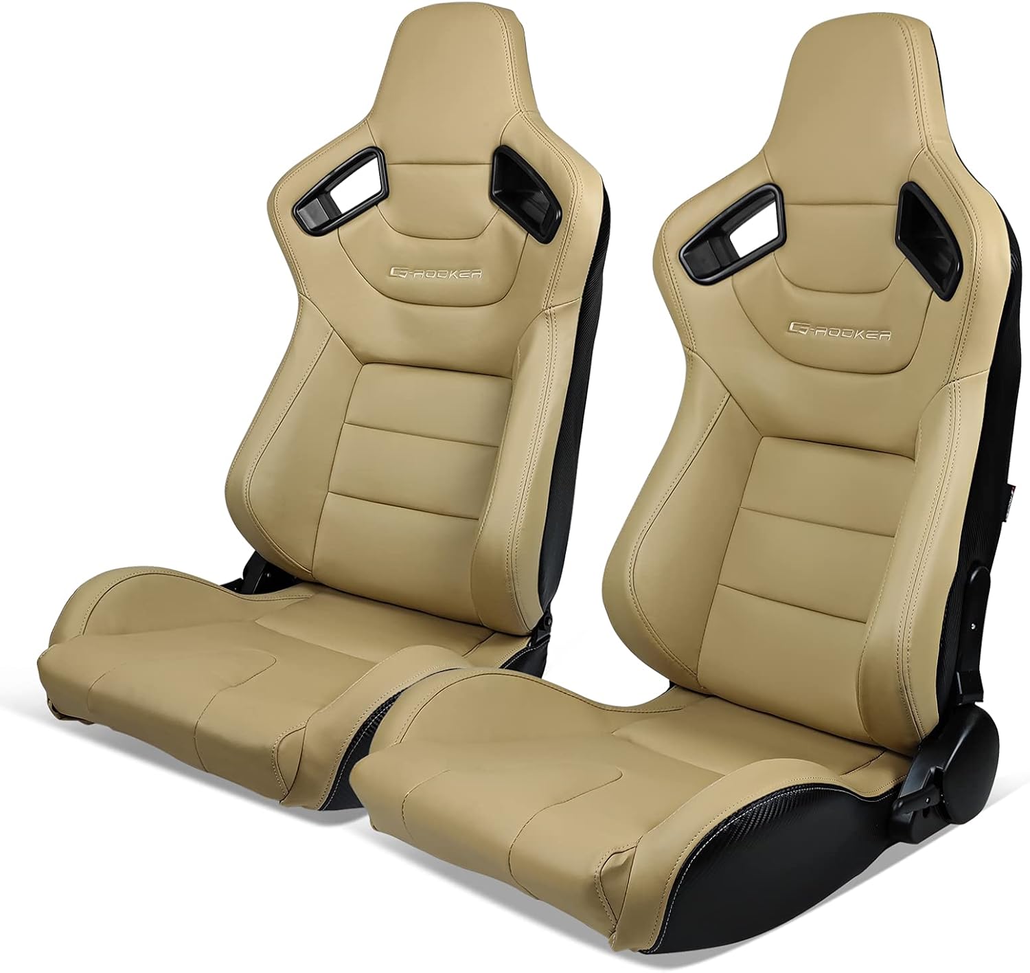 IKON MOTORSPORTS, Universal Racing Seats Pair with Dual Sliders, Red PU Leather White Stripe Reclinable Left Driver Side + Right Passenger Side