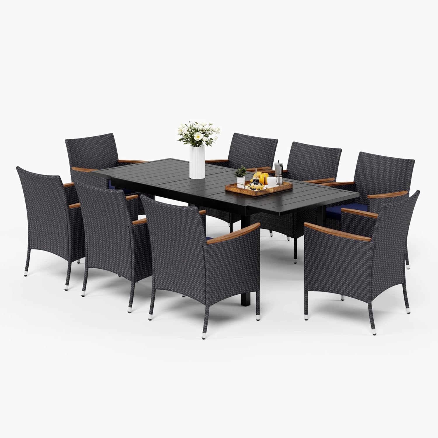 MFSTUDIO 9 Pieces PE Rattan Patio Dining Sets, Outdoor Morden Wicker Conversation Chairs Armchair and Expandable Table Sets with Cushions and Wood Armrests for Balcony Backyard Porch