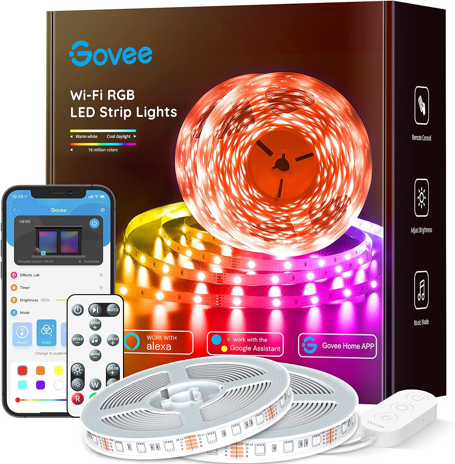 Govee 65.6ft Alexa LED Strip Lights, Smart WiFi RGB Rope Light Works with Alexa Google Assistant, Remote App Control Lighting Kit, Music Sync Color Changing Lights for Bedroom, Living Room, Kitchen Pack of 2