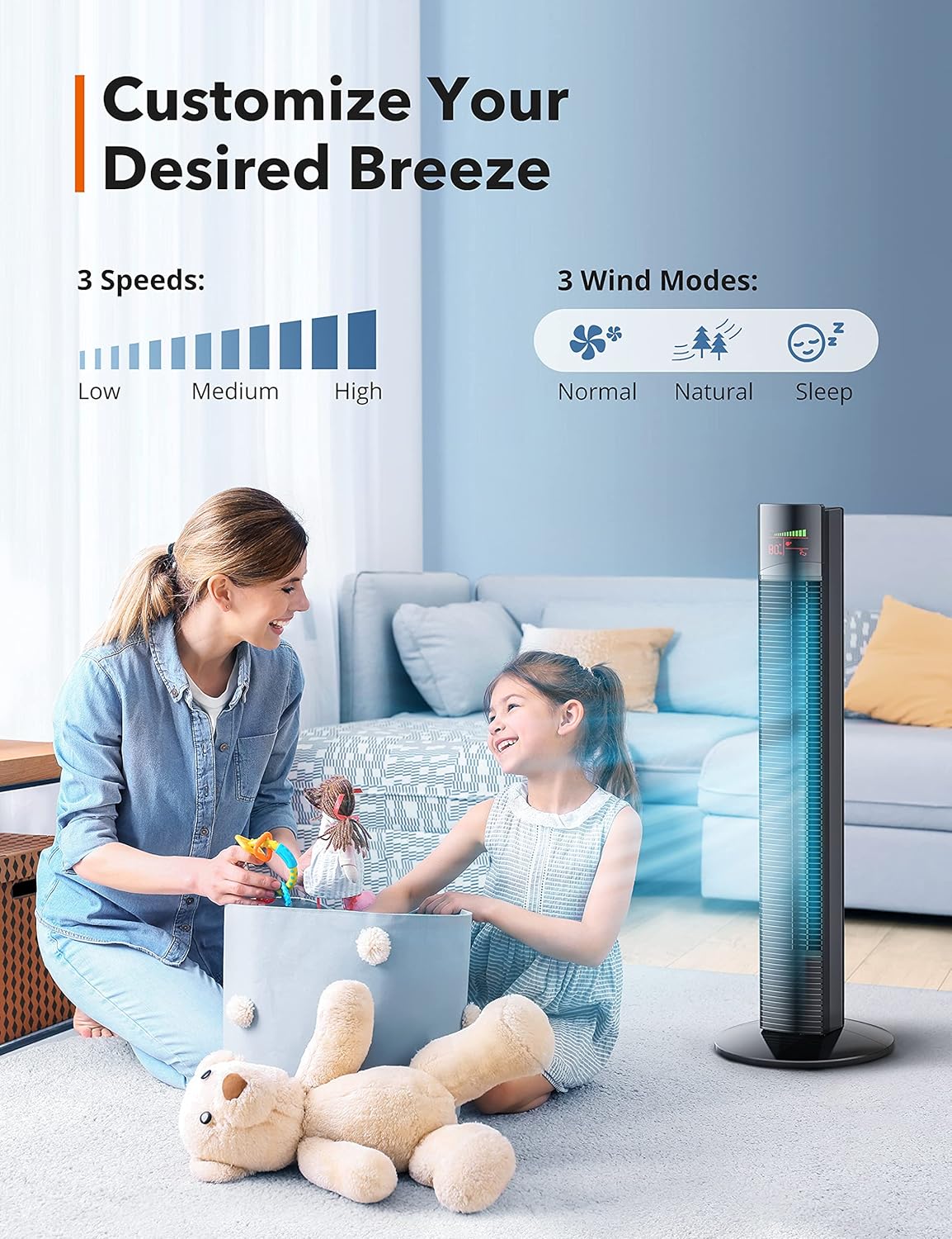 Tower Fan, 36” 65° Oscillating Fan, 3 Speeds, 3 Modes, 12H Timer, LED Display, Quiet Cooling Bladeless Fan with Remote for Bedroom Pack of 2