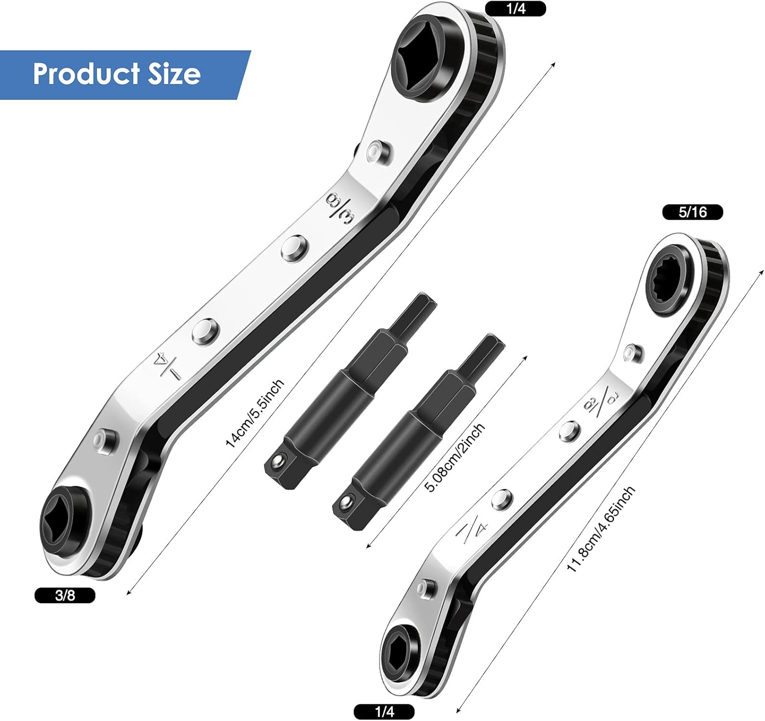 Hvac Service Wrench Refrigeration Service Wrench Set, 3/8 to 1/4, 5/16 x 1/4, Ratchet Wrench Refrigeration Tool Set Air Conditioner Valve with Hexagon Bit Adapter Kit for Equipment Repair