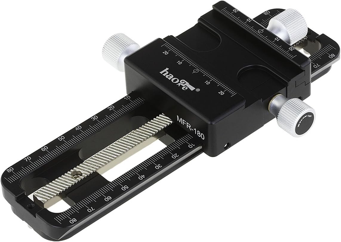 Haoge MFR-180 Macro Focusing Rail Rack Slider for Precision Focus Stacking Stack Nodal Slide Macro Close-up Close Up Photography Built-in Arca Swiss Type Quick Release Clamp and Arca Dovetail Groove