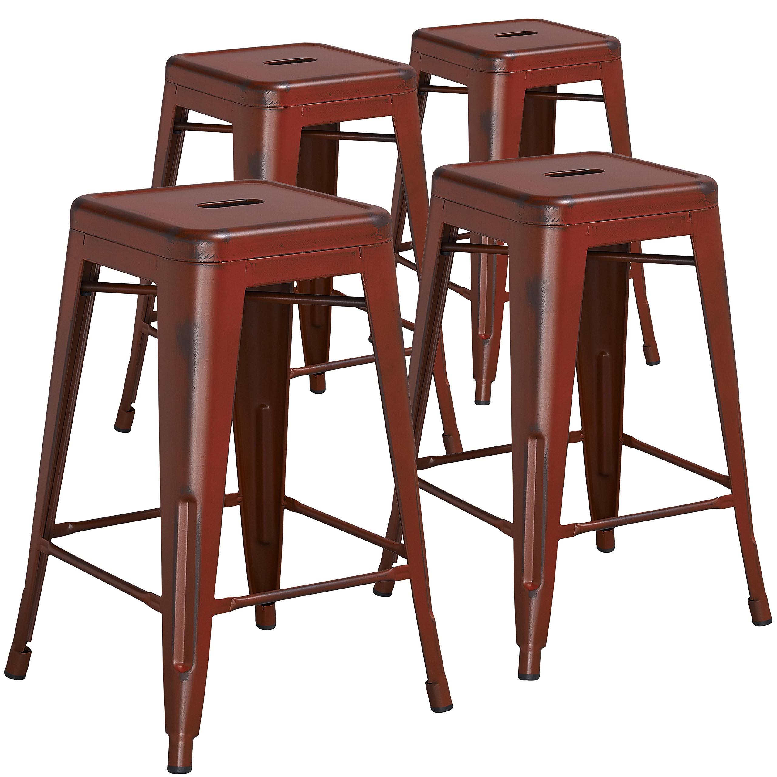 Flash Furniture 4 Pk. 24&& High Backless Distressed Kelly Red Metal Indoor Counter Height Stool