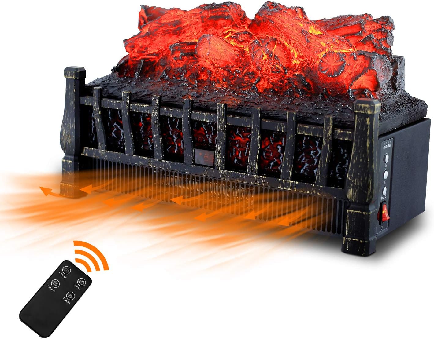 Sunday Living Electric Log Set Heater, Insert Fireplace Heater with Realistic Flame and Ember Bed, 21 Inch, Adjustable Brightness, 8-Hour Timer, Remote Control, Antique Black Frame, IFP606B