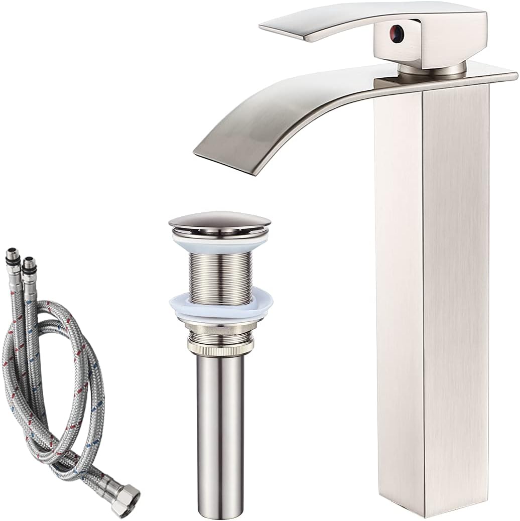 VOTON Vessel Sink Faucet Matte Black Faucet for Bathroom Sink Tall Waterfall Bathroom Faucet Single Handle One Hole Vanity Sink Faucet with Pop-up Drain