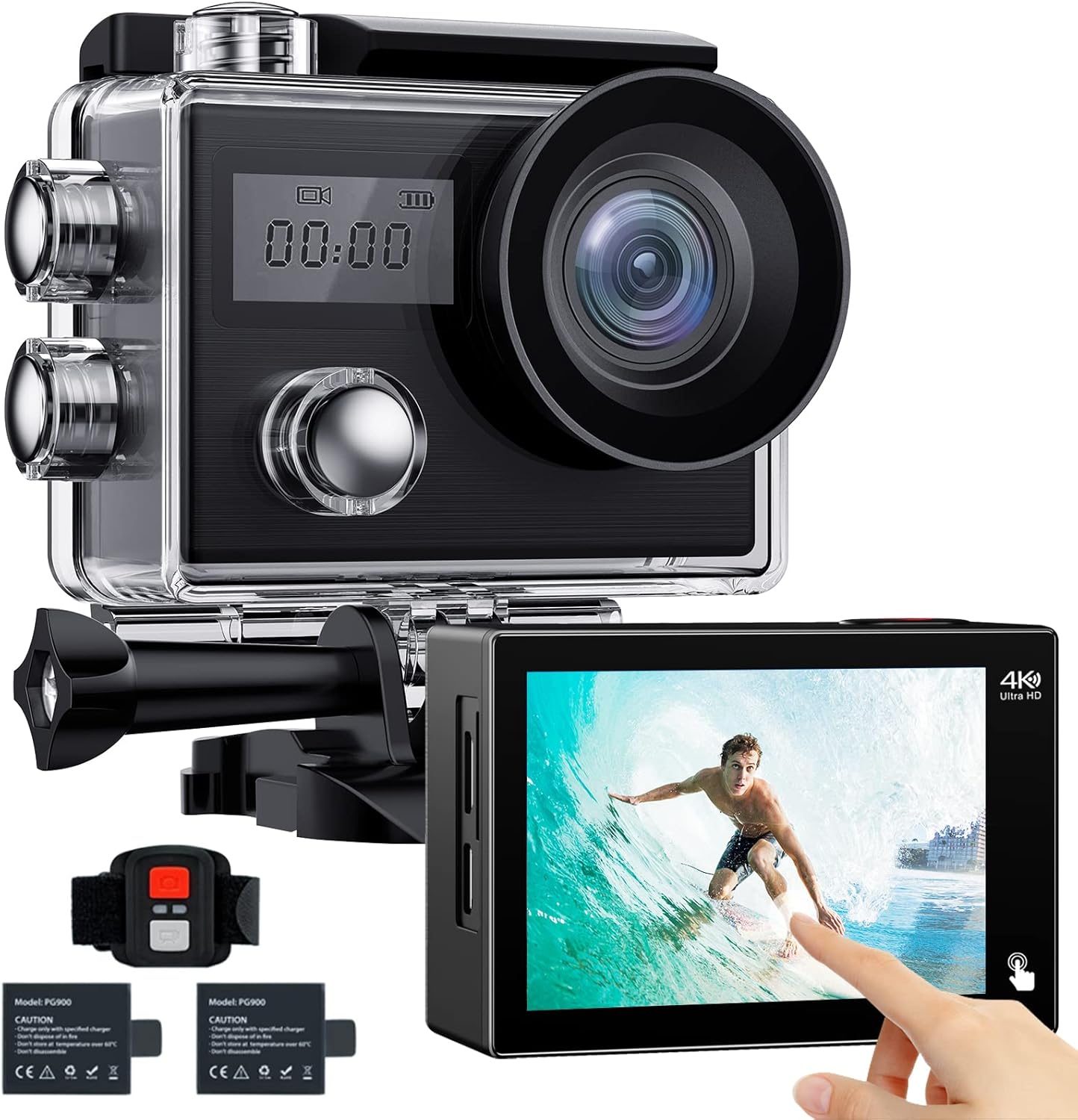 4K Action Camera, 20MP WiFi Waterproof Camera, EIS Touch Screen Sports Camera, PC Webcam, 170&deg; Wide Angle 131FT Underwater Camcorder with Remote Control, 2 Batteries and Accessories