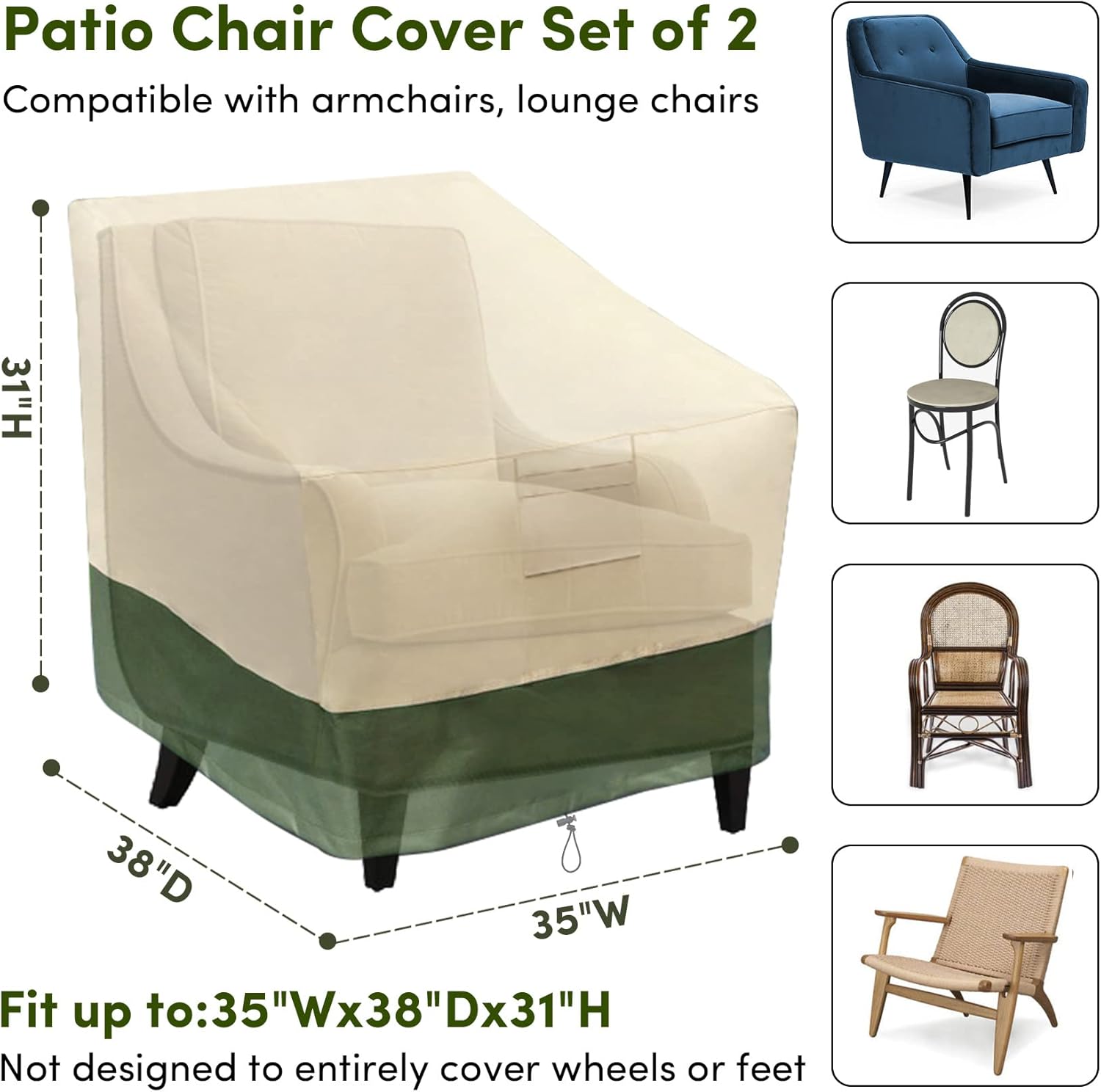 VEITHI Patio Chair Covers 2 Pack,Lounge Deep Seat Cover 35