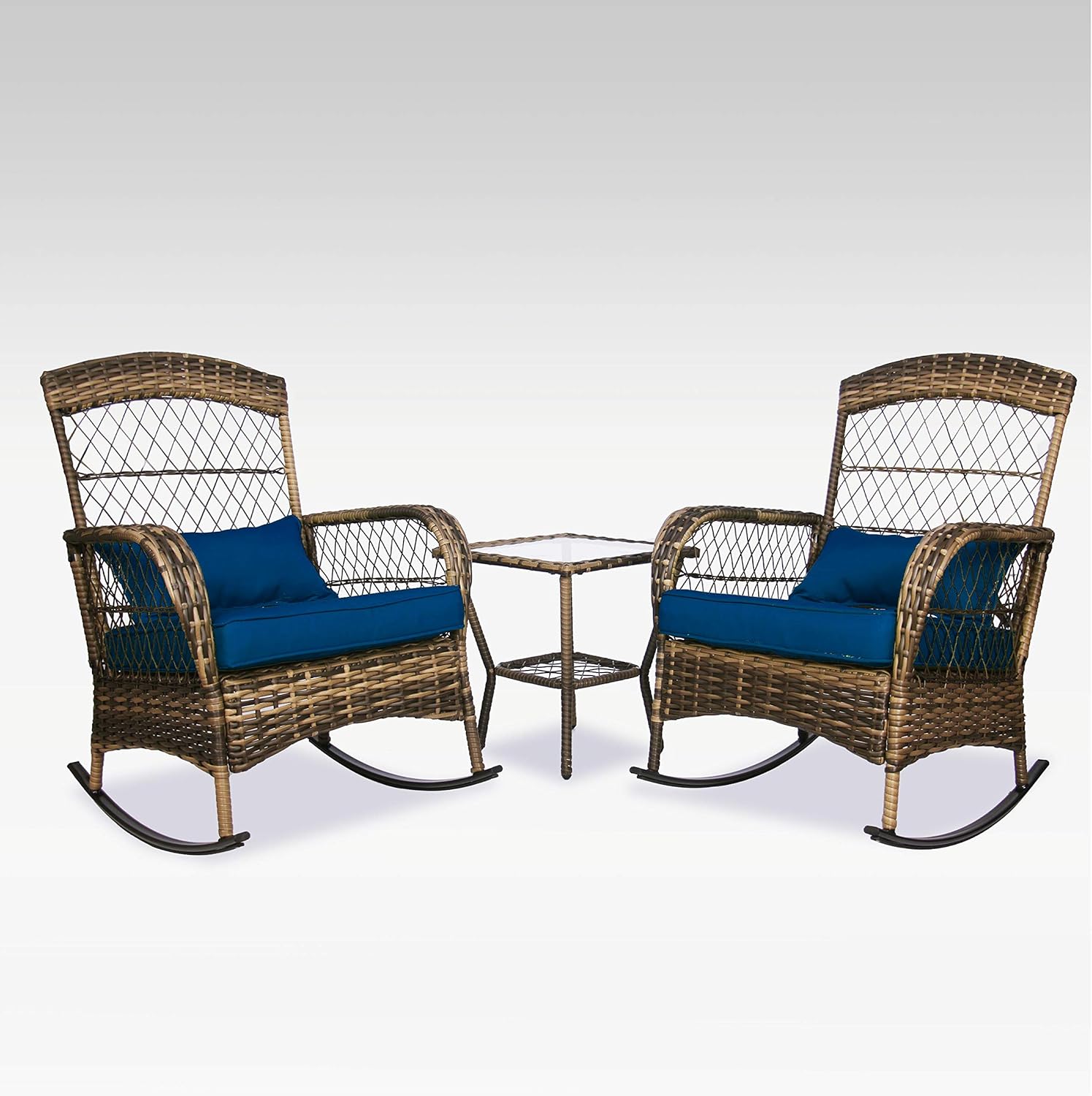 ENSTVER 3 Pieces Patio Conversation Set w/ 2 Rattan Wicker Rocking Chairs and Glass Table,for Garden Backyard Lown Porch(Red)