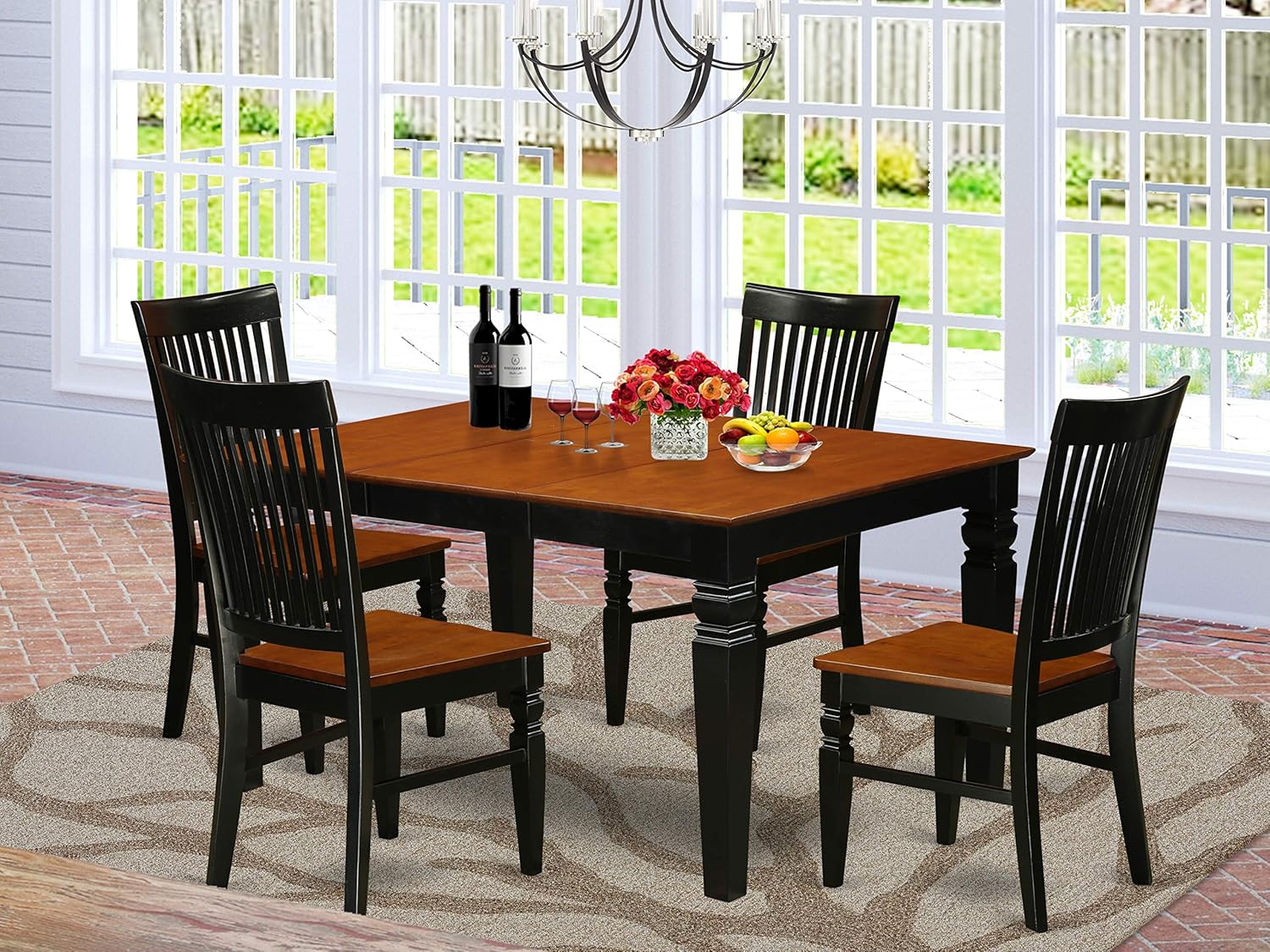 5 Pc set with a Rectangle Table and 4 Wood Seat Dinette Chairs in Black and Cherry