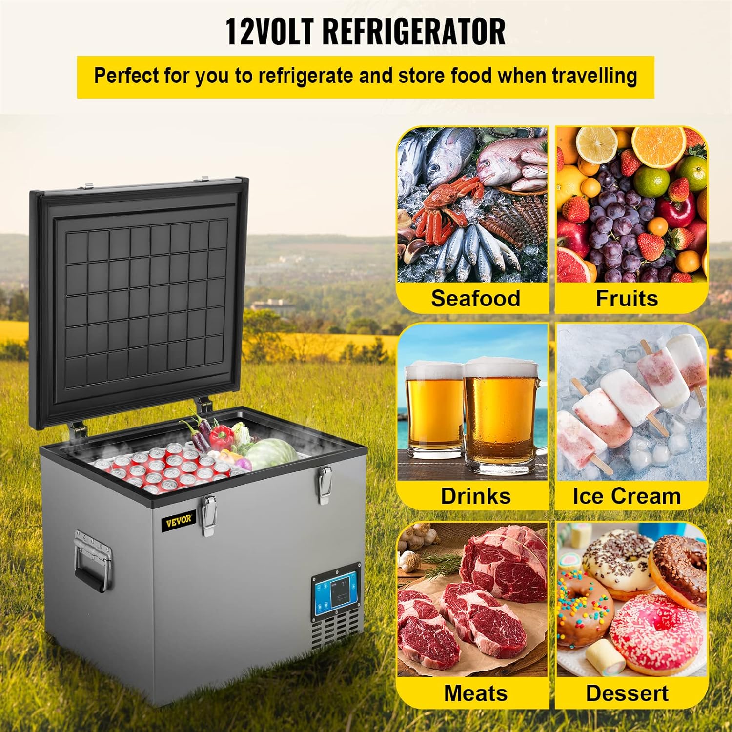 VEVOR Portable Refrigerator 48 Quart,12 Volt Refrigerator with Compressor,Metal Shell Chest Refrigerator,-4℉ to 68℉,DC 12/24V, AC 110-240V（Home & Car Use）