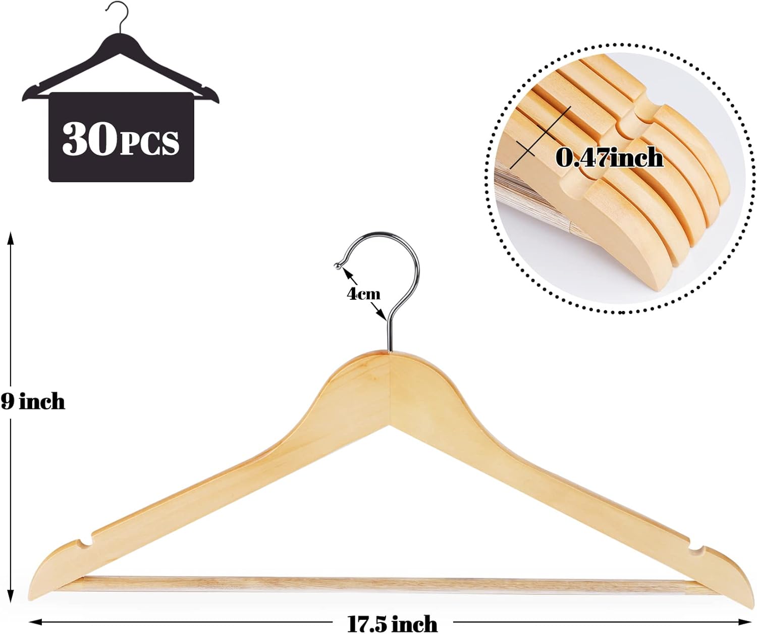 HOU&Iacute;SM Wooden Hangers 30 Pack, Solid Wooden Suit Hangers Coat Hangers with Non-Slip Pants Bar, 360&deg; Swivel Hook & Notches, Smooth Finish, Heavy Duty Clothes Hangers for Coats, Suits, Pants and Jackets