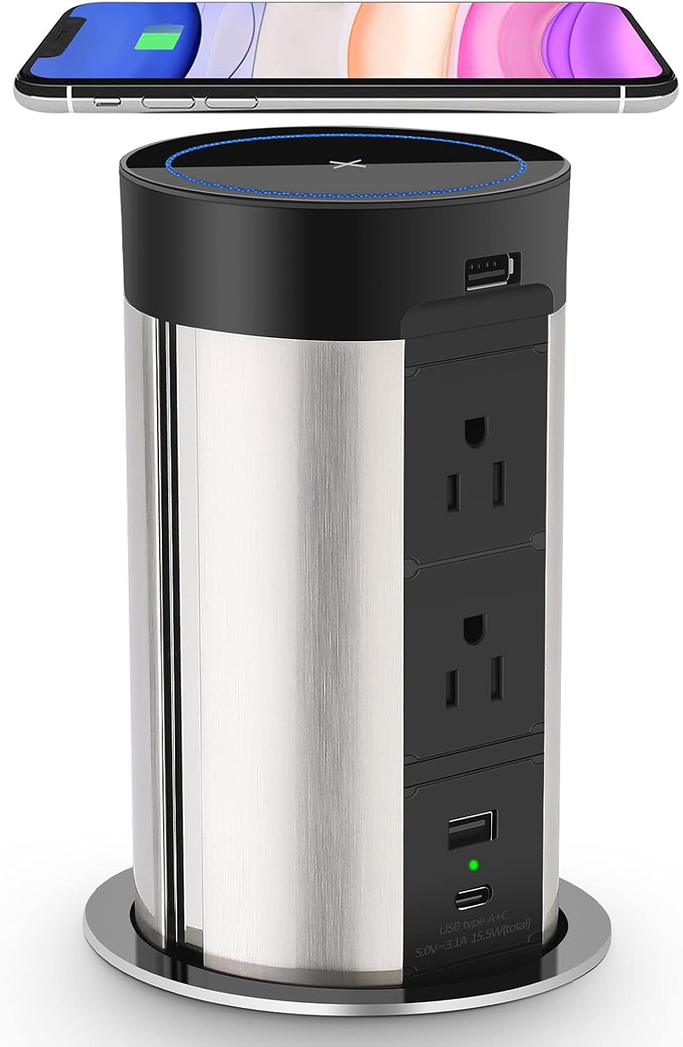 Automatic Pop up Power Grommet with Wireless Charger,Pop up Power Strip USB C Port for Countertop,Space Saver Pop up Counter Outlet with 6 USB, 4 Outlets,for Office,Workshop,Kitchen Counter Island