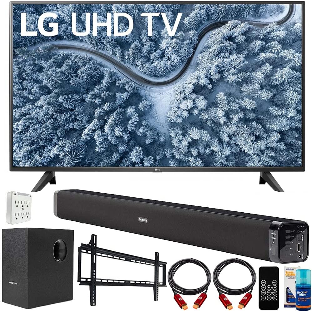 LG 55 Inch UP7000 Series 4K LED UHD Smart webOS TV (2021 Model) Bundle with Deco Gear Home Theater Soundbar with Subwoofer, Wall Mount Accessory Kit, 6FT 4K HDMI 2.0 Cables and More