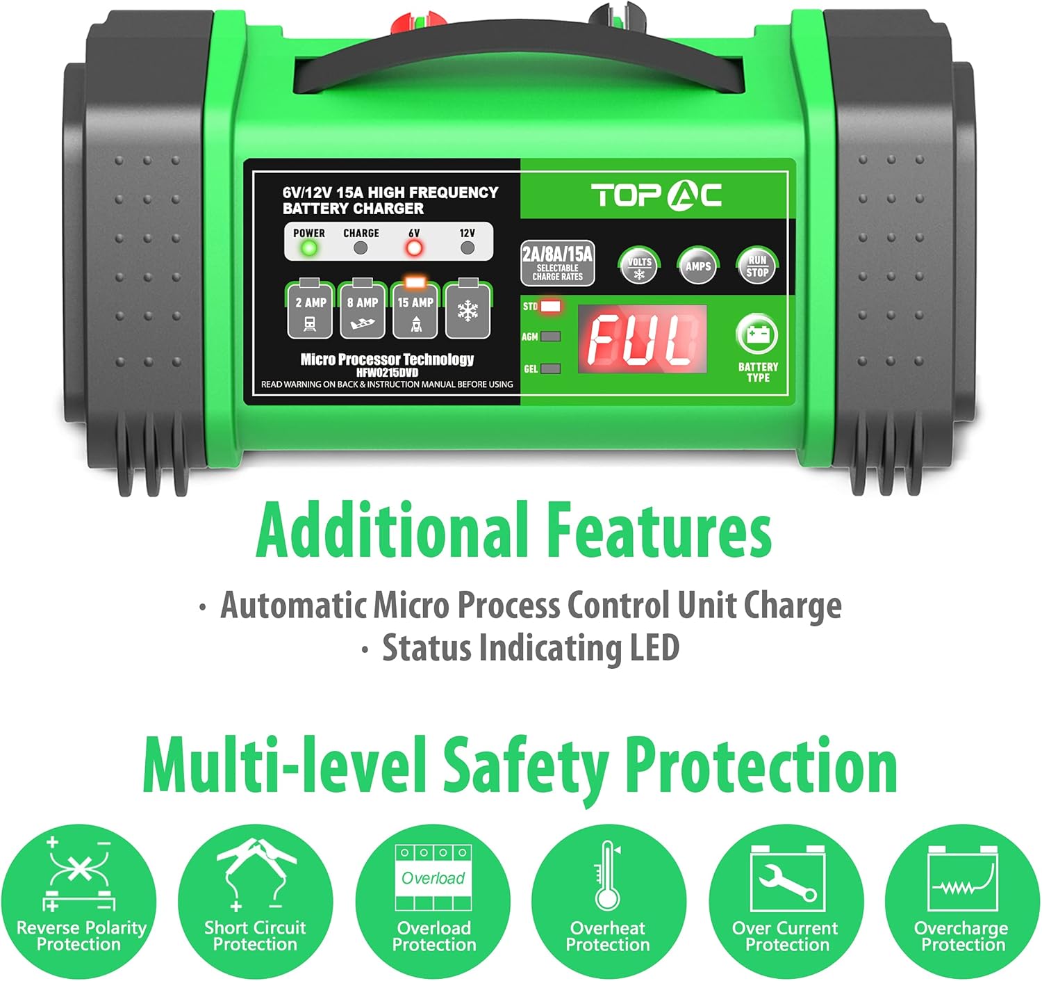 TOPAC 6V/12V 15 Amp High Frequency Smart Car Battery Charger