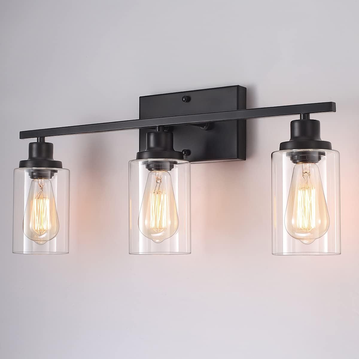 3-Lights Bathroom Light Fixtures, Black Bathroom Vanity Lights Over Mirror, Farmhouse Vanity Wall Sconces Lighting with Clear Glass Shade