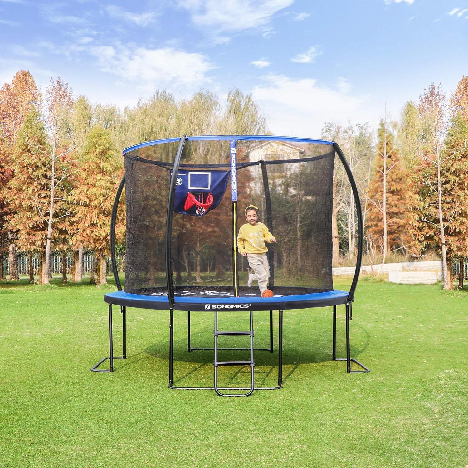 SONGMICS Trampoline, 10 ft 12 ft Recreational Trampolines, Backyard Trampoline for Kids, with Safety Net Enclosure, Basketball Hoop, Toy Basketball, Jumping Mat, Safety Pad, Ladder
