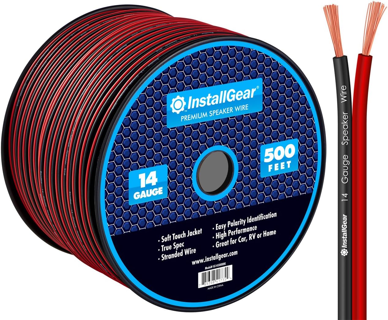 InstallGear 14 Gauge AWG 500ft Speaker Wire True Spec and Soft Touch Cable Wire - Red/Black (Great Use for Car Speakers, Stereos, Home Theater Speakers, Surround Sound, Radio) Pack of 2