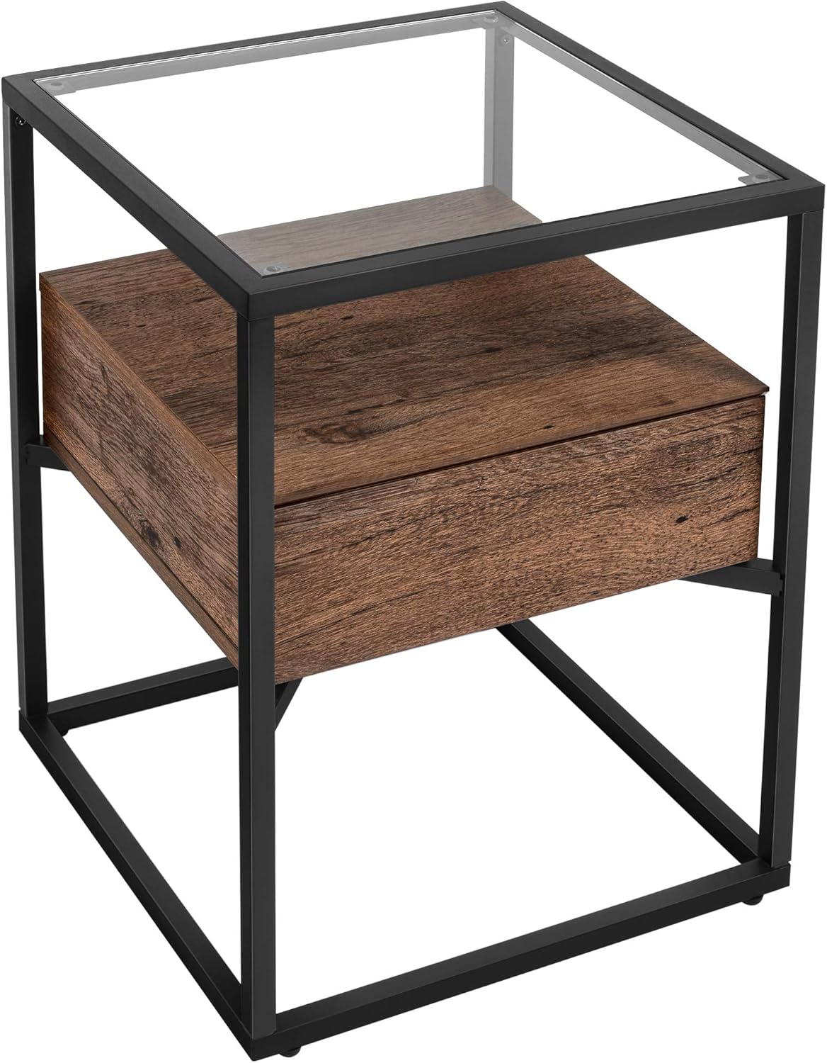 VASAGLE Side Table, Nightstand, Tempered Glass End Table, with Drawer and Shelf, Decoration in Living Room, Stable Steel Frame, Industrial, Rustic Brown and Black ULET04BXV1