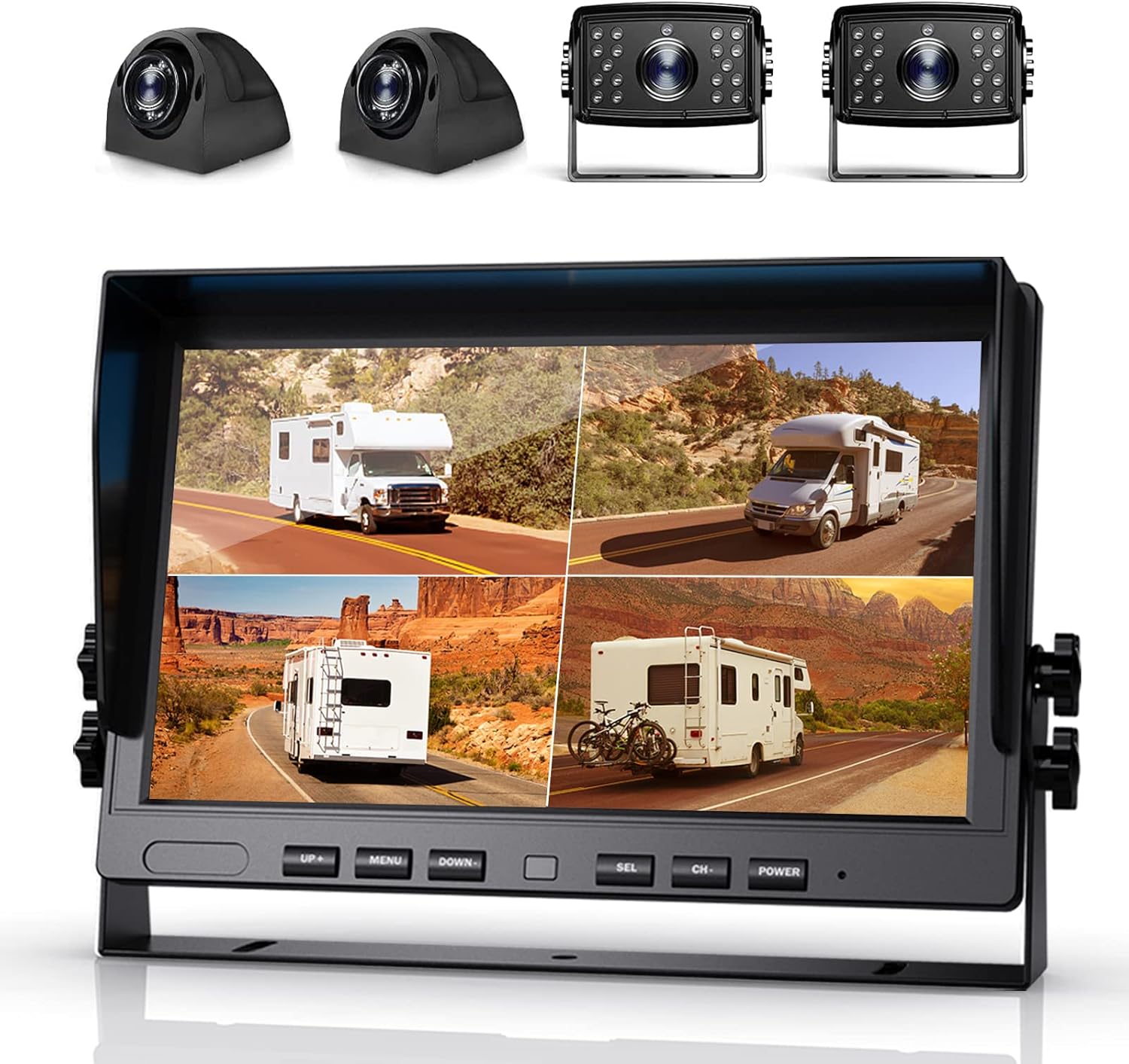 Fursom 9'' 1080P DVR Wired Backup Camera System , HD Quad Split Monitor, 4 x Cameras, IP69 Waterproof Side Rear View Car Reverse Cam for Large Vehicles, Semi-Trailer, Box Truck, RV, Bus