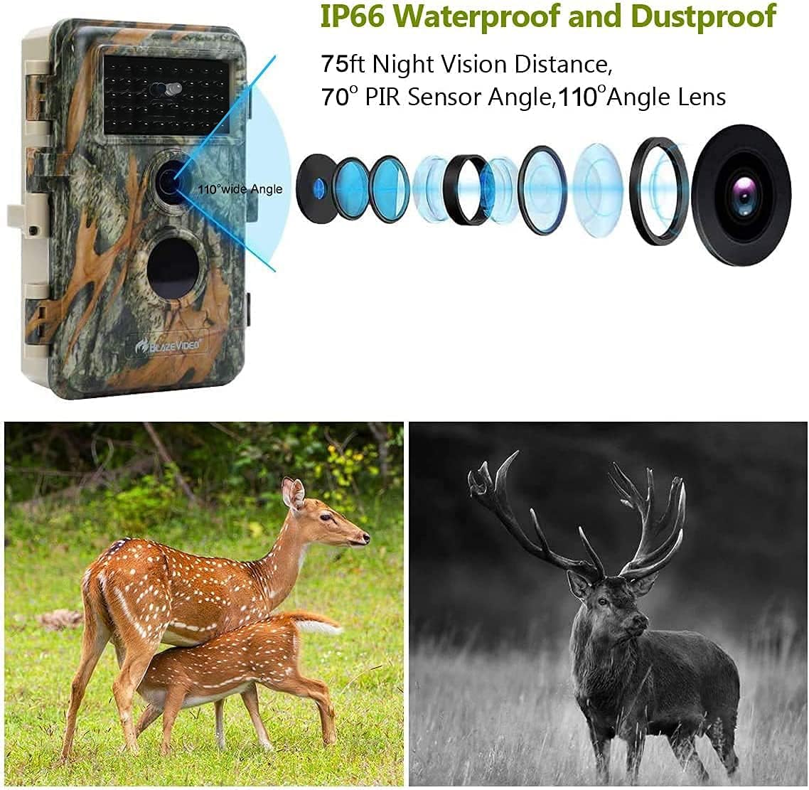 5-Pack Game & Trail Cameras 24MP 1296P H.264 MP4 Video 75ft Night Vision Time Lapse Wildlife Deer Hunting Cams No Glow Infrared Motion Activated IP66 Waterproof Password Protection Photo & Video Model
