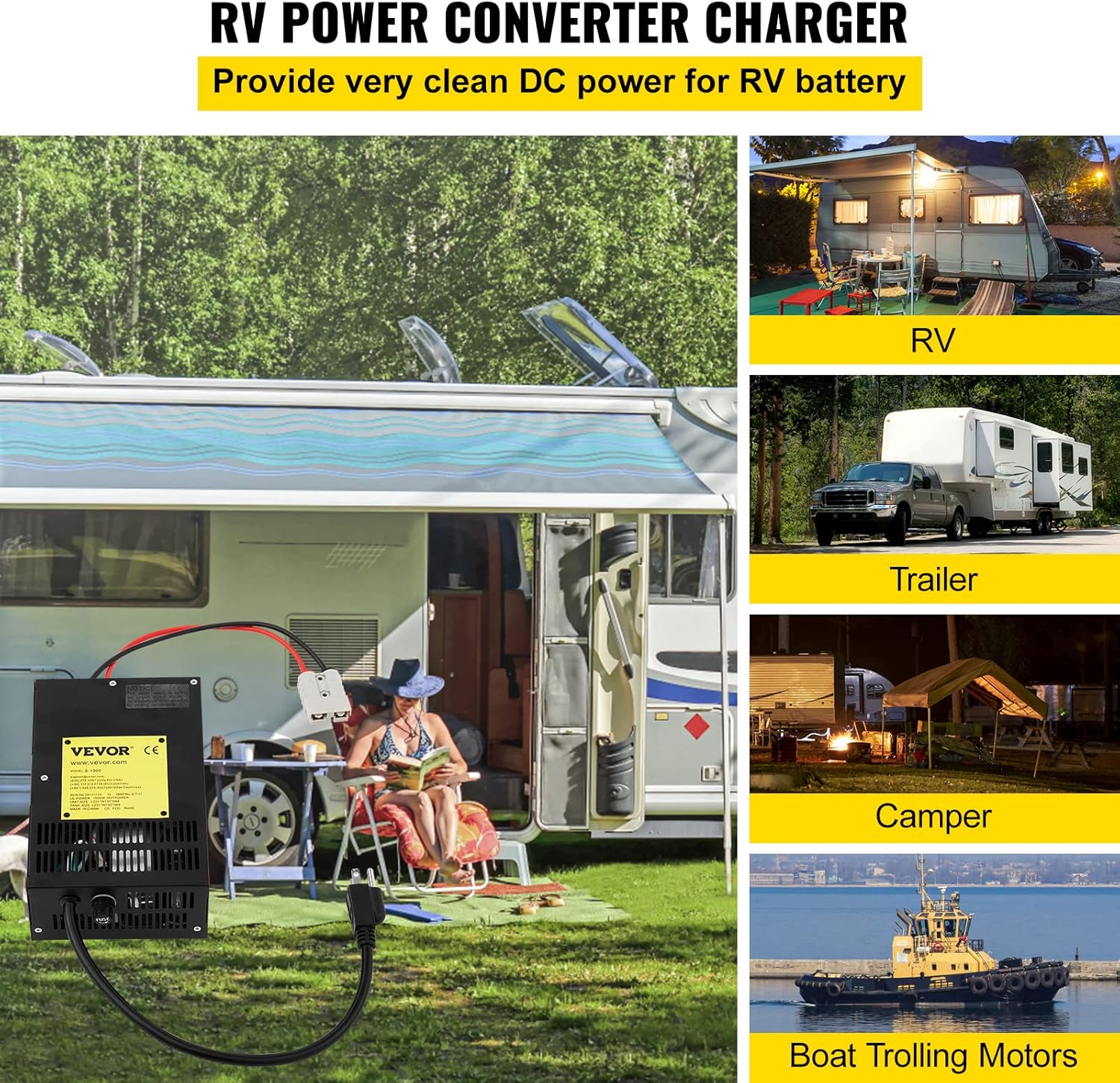VEVOR RV Power Converter Charger, 110 Volt AC to 12 Volt DC, Power Supply Battery Converter Charger 1000W with 13-16V DC Adjustable Operating Range, Three-Stage Inverter, for RV Trailer Camper 55 Amp