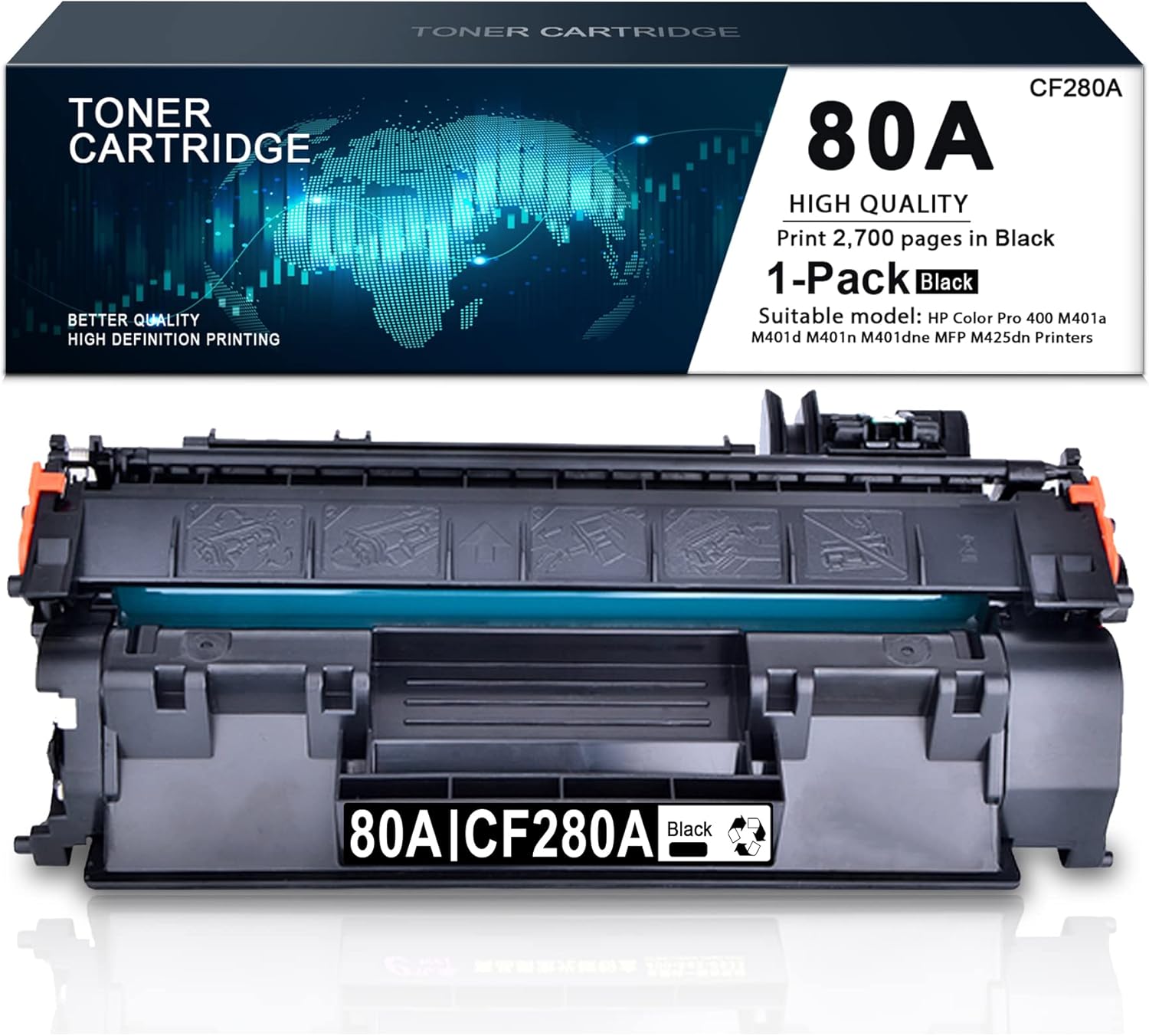 (1 Pack,Black) Compatible Toner Cartridge 80A | CF280A Replacement for HP Color Pro 400 M401a M401d M401n M401dne MFP M425dn Printers Toner -by Sulfuink Pack of 2