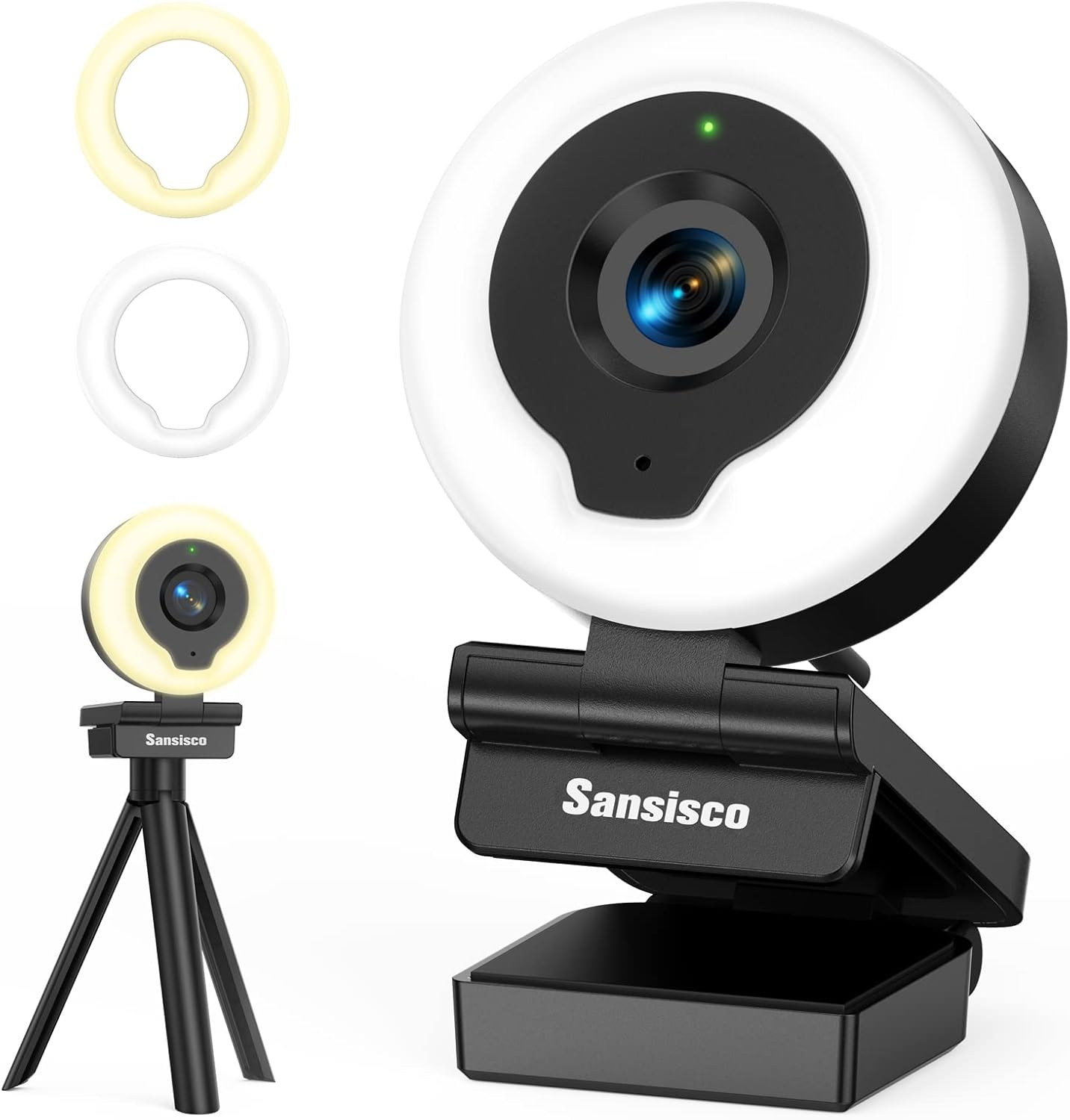 Webcam with Ring Light, Sansisco AutoFocus FHD 1080P Webcam with Microphone, 2 Colors and 3-Level Brightness, Plug and Play Computer Camera, Streaming Web Camera for Laptop MacBook PC for Zoom, Skype