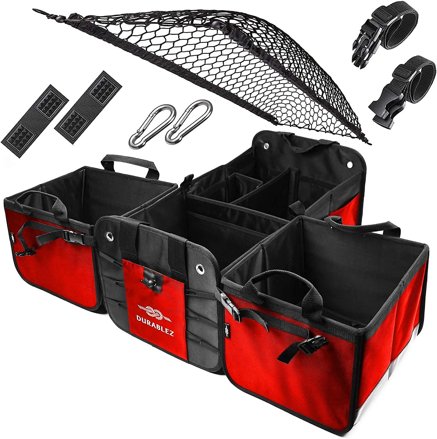 Trunk Organizer with Covering Net, Attachable Non-Slip Pads, and Stainless Hooks, Red-Black