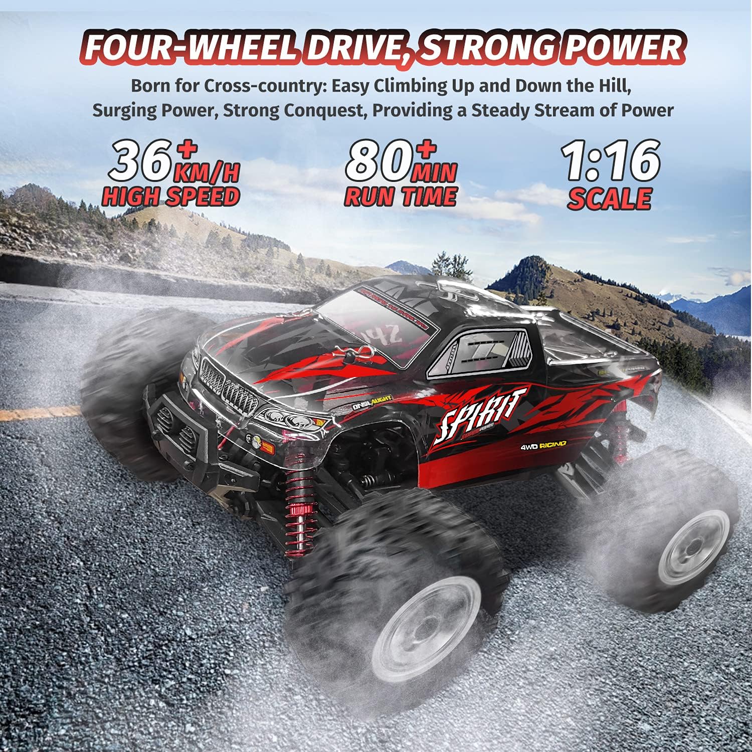 RC Cars 1:16 Scale 4WD High Speed 36+ Km/h Remote Control Car, All Terrains Electric Toy Off Road Hobby Monster Truck, 2.4GHz Remote Control, 80+ Min Play, Best Gift for Adults and Kids Xmas Gift Pack of 2