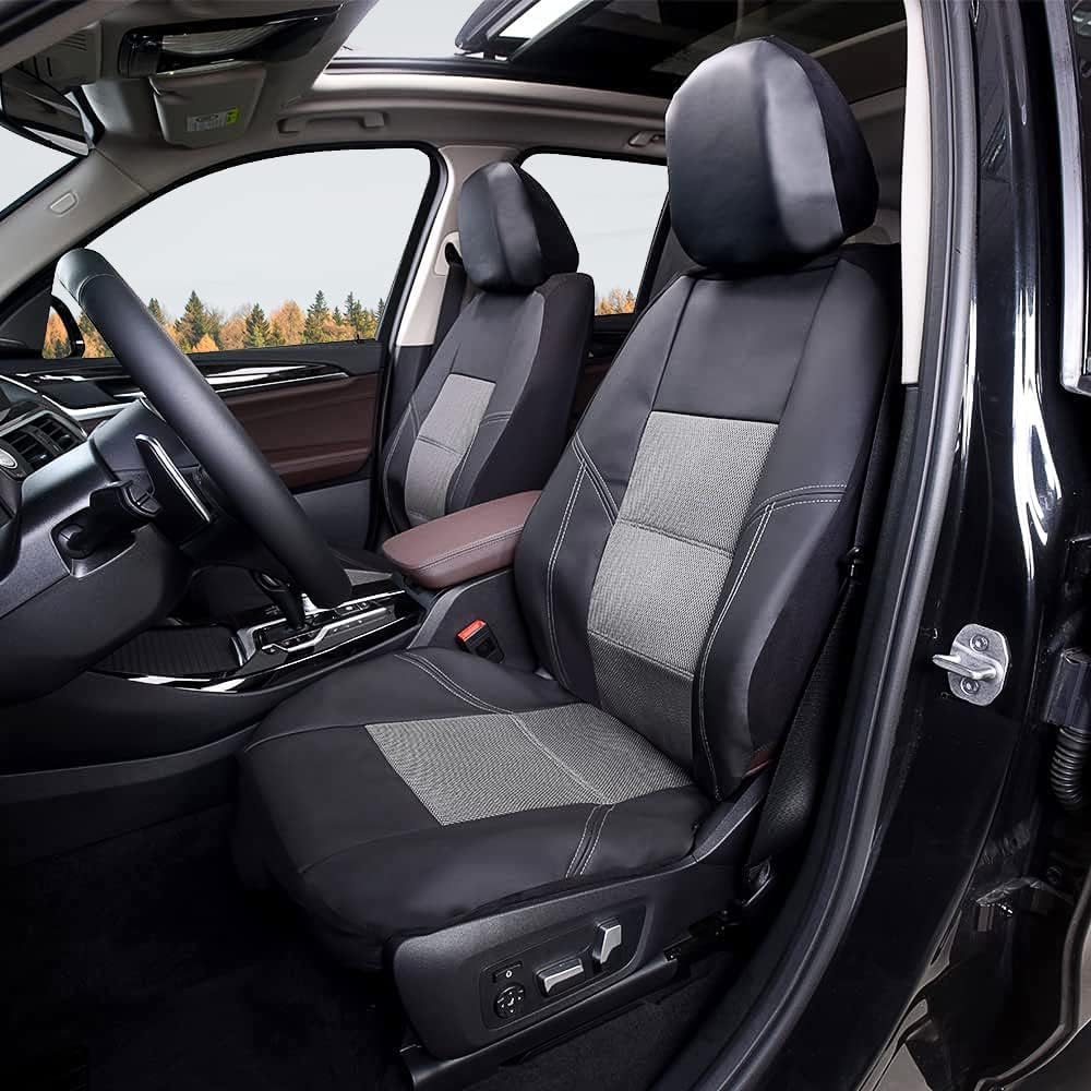 TOYOUN Universal Front Car Seat Covers Pu Leather Mesh Splicing, Breathable Auto Seat Covers for Front Seats 2pcs Gray Black Low Bucket Seat Covers Airbag Compatible for Cars SUV Van Trucks