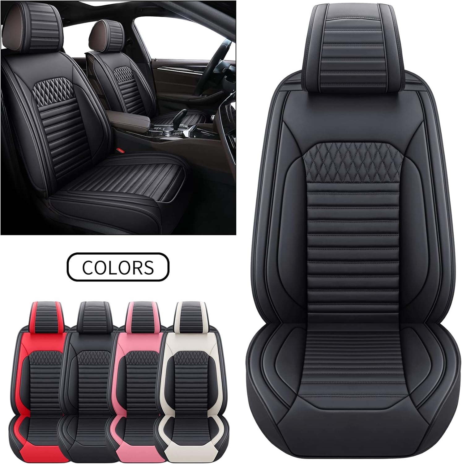 Tomatoman Front Seat Covers for Toyota Corolla Camry 4Runner Honda Accord CRV HRV Kia Soul Escape Ecosport Sentra Kicks RAV4 Jeep Wrangler Hybrid Versa Car Cushions(2PCS Front Set/Black)