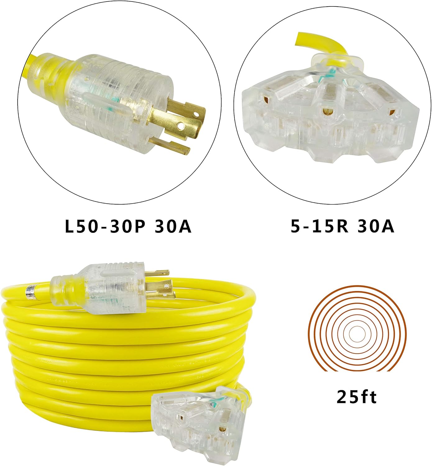 25FT 3 Prong NEMA L5-30P to Three 5-15R Generator Power Extension Cord, Heavy Duty 30A SJTW 10AWG3C Wires, Yellow… Pack of 2