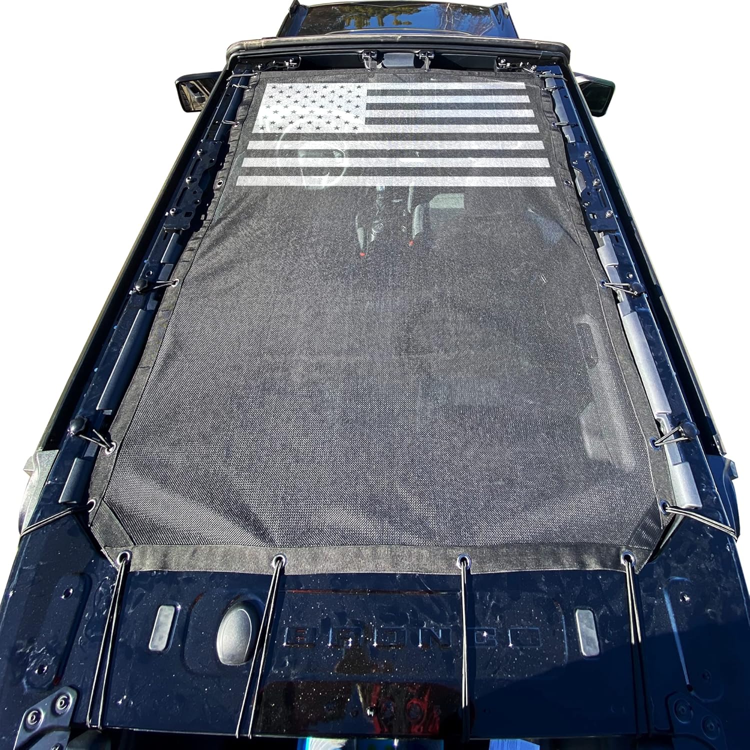 Sukemichi Sunshade for Ford Bronco, Full Length Mesh Sun Shade Bikini Top Cover for Ford Bronco Accessories 2021 2022 4 Door - Blocks UV, Wind, Noise, (Flag)