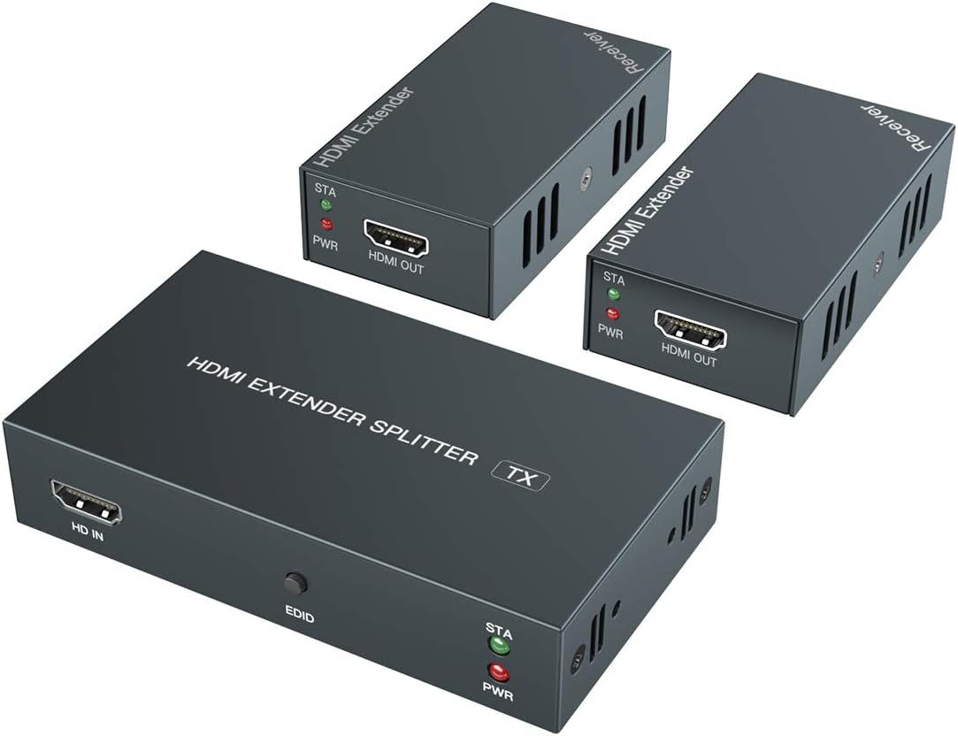 HDMI Extender 1 to 2 Splitter Transmit 1080p HD Video Over 50m/165ft Ethernet Cat5e/6 with 2 HDMI Local Output, Works with Computer/Camera/Projector/TV Pack of 2