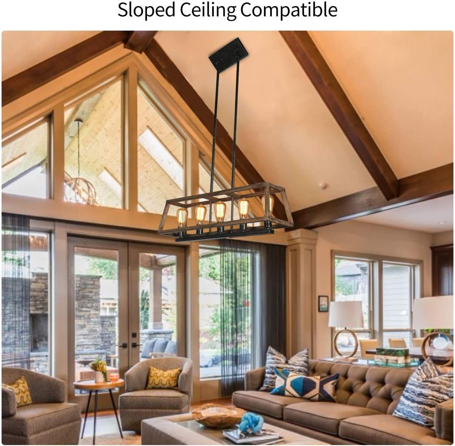 Juyace Farmhouse Chandelier Light Fixture with 5 Lights，60W Metal Bracket Rustic Vintage Wooden Pendant Lighting for Kitchen Island