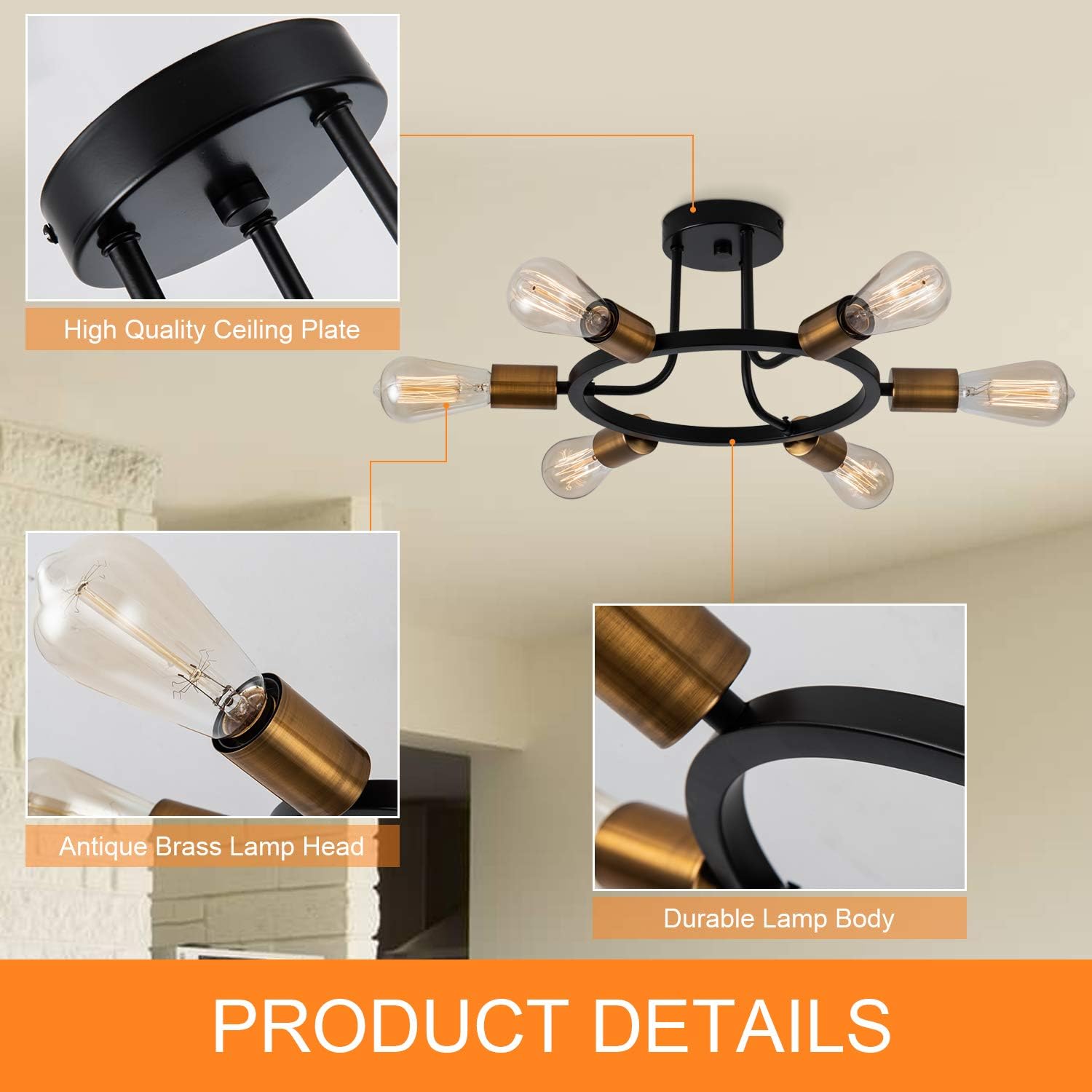 Weesalife Modern Sputnik Chandelier Ceiling Lighting 6 Lights Black and Brass Semi Flush Mount Ceiling Lights Rustic Starburst Style Ceiling Lamp for Kitchen Dining Room Foyer Hallway