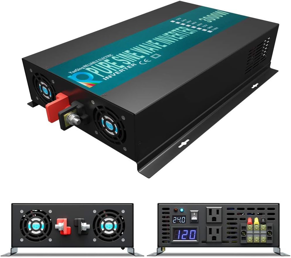 WZRELB Reliable 3000W Solar Power Inverter Off Grid 24V DC Voltage Converter LED Display Pure Sine Wave Dual 120V AC Outlets