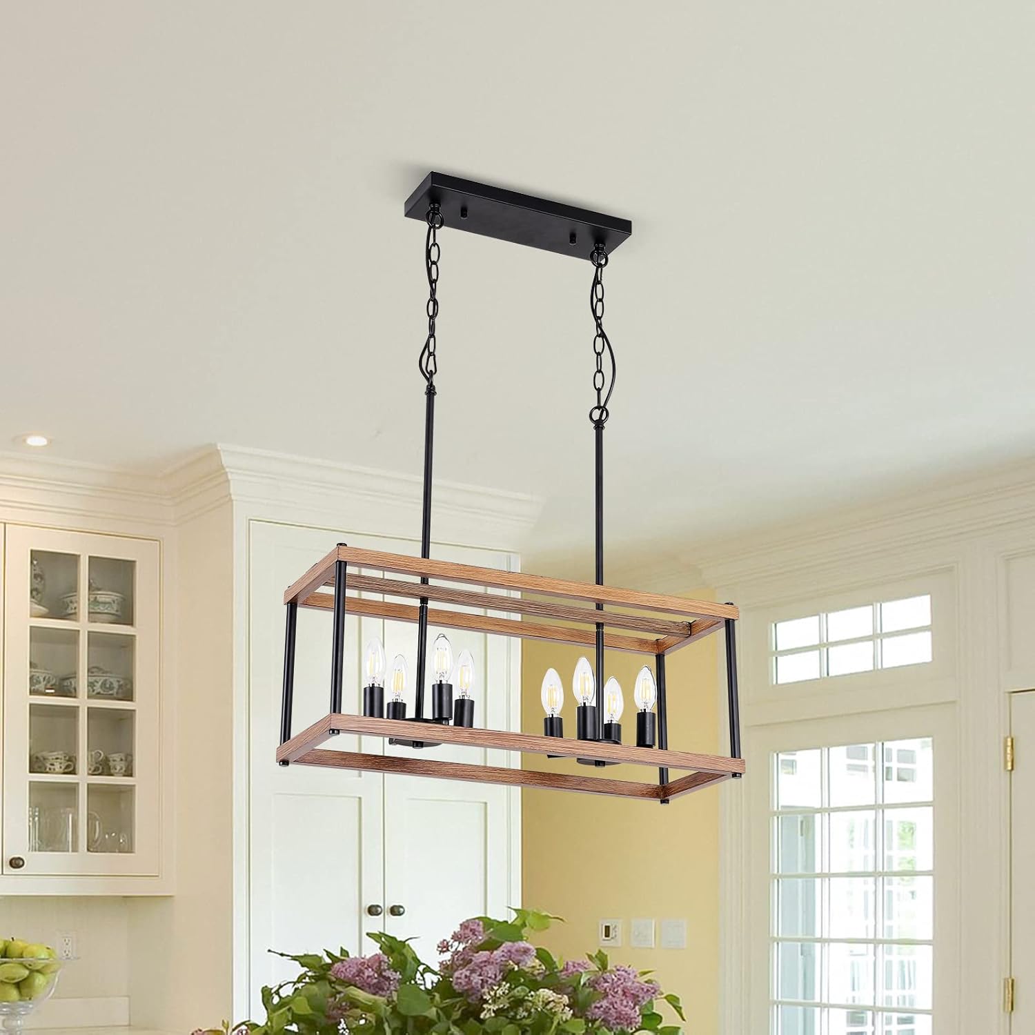 Eoodis Farmhouse Chandeliers for Dining Rooms, 8-Lights Kitchen Island Pendant Lighting, Modern Light Fixture for Living Room Restaurant, Wood and Matte Black Metal Finish