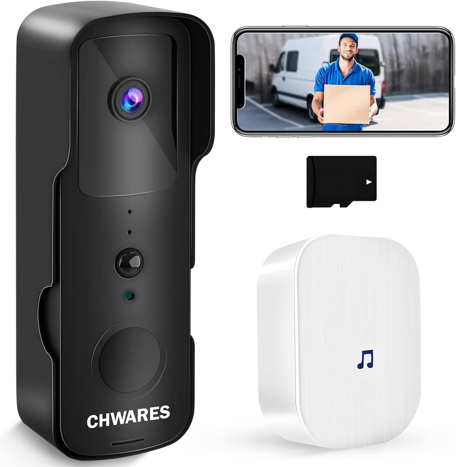 CHWARES Video Doorbell Camera Wireless WiFi with Chime, 1080P HD, Night Vision, 2-Way Talk, Alexa Compatible, Easy Installation, with 32GB SD Card, White Pack of 2