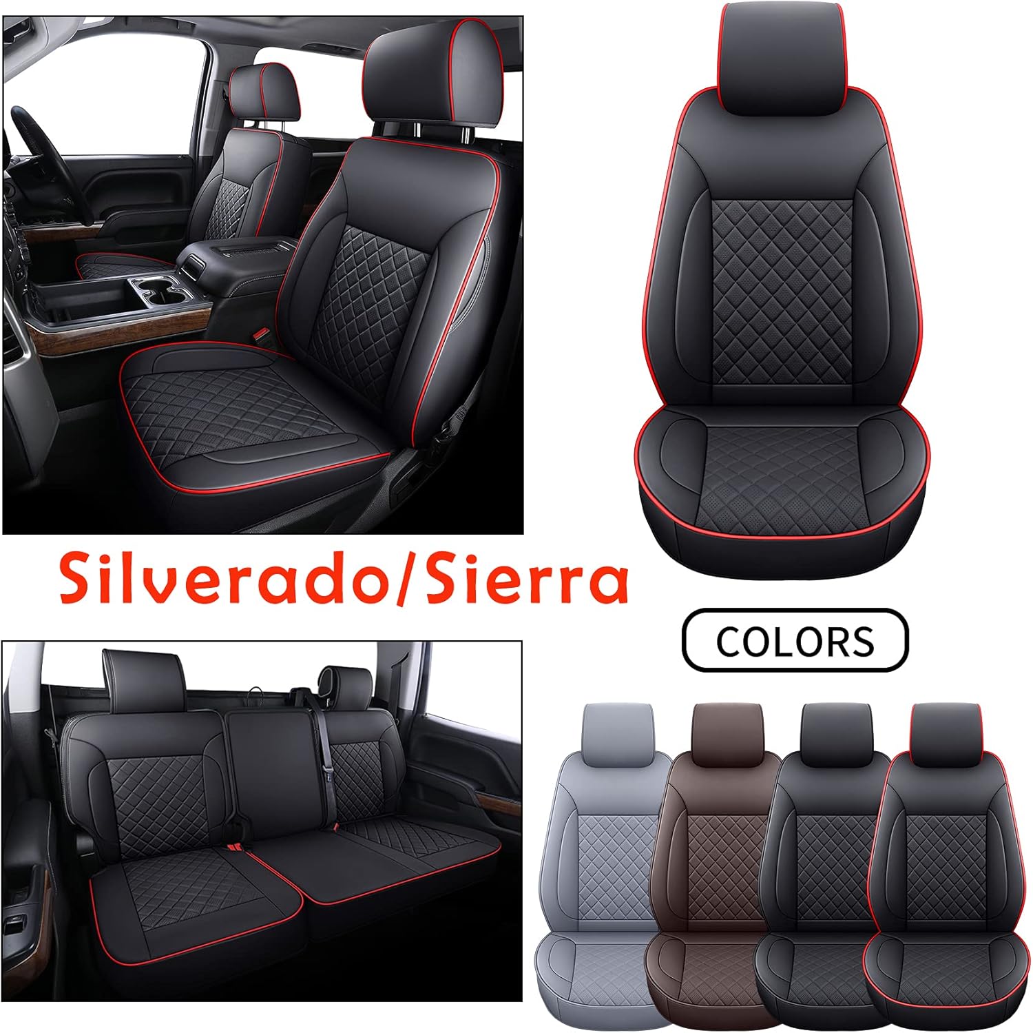 LUCKYMAN CLUB Chevy Silverado/Sierra P01-S1 Seat Covers Full Set, Fit 2007-2013&2019-2022 1500/2008-2014&2020-2022 2500 HD/3500 HD Crew Cab with Breathable Faux Leather (Full Set, Black)