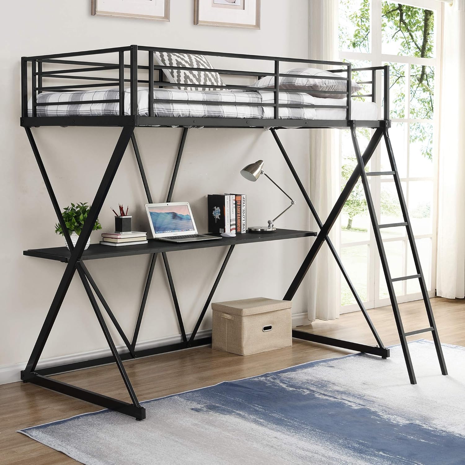 P PURLOVE Twin Loft Bed with Desk Steel Loft Bed with Ladder, Full-Length Guardrails, X-Shaped Frame for Kids Teens, Black+Brown Desk