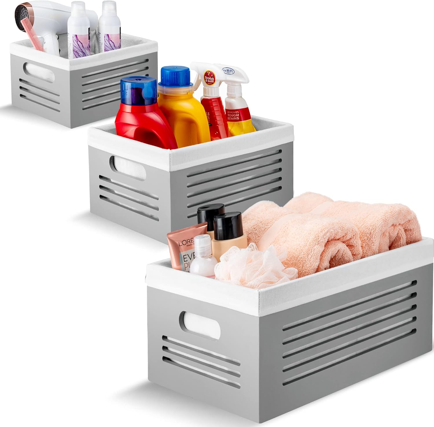 Creative Scents Wooden Crates decorative - Crates for Decoration and Storage - Set of 3 Sizes Nesting Wood Crates for Display - Large Medium and Small Wooden Storage Bin for Decor (Gray) Pack of 2