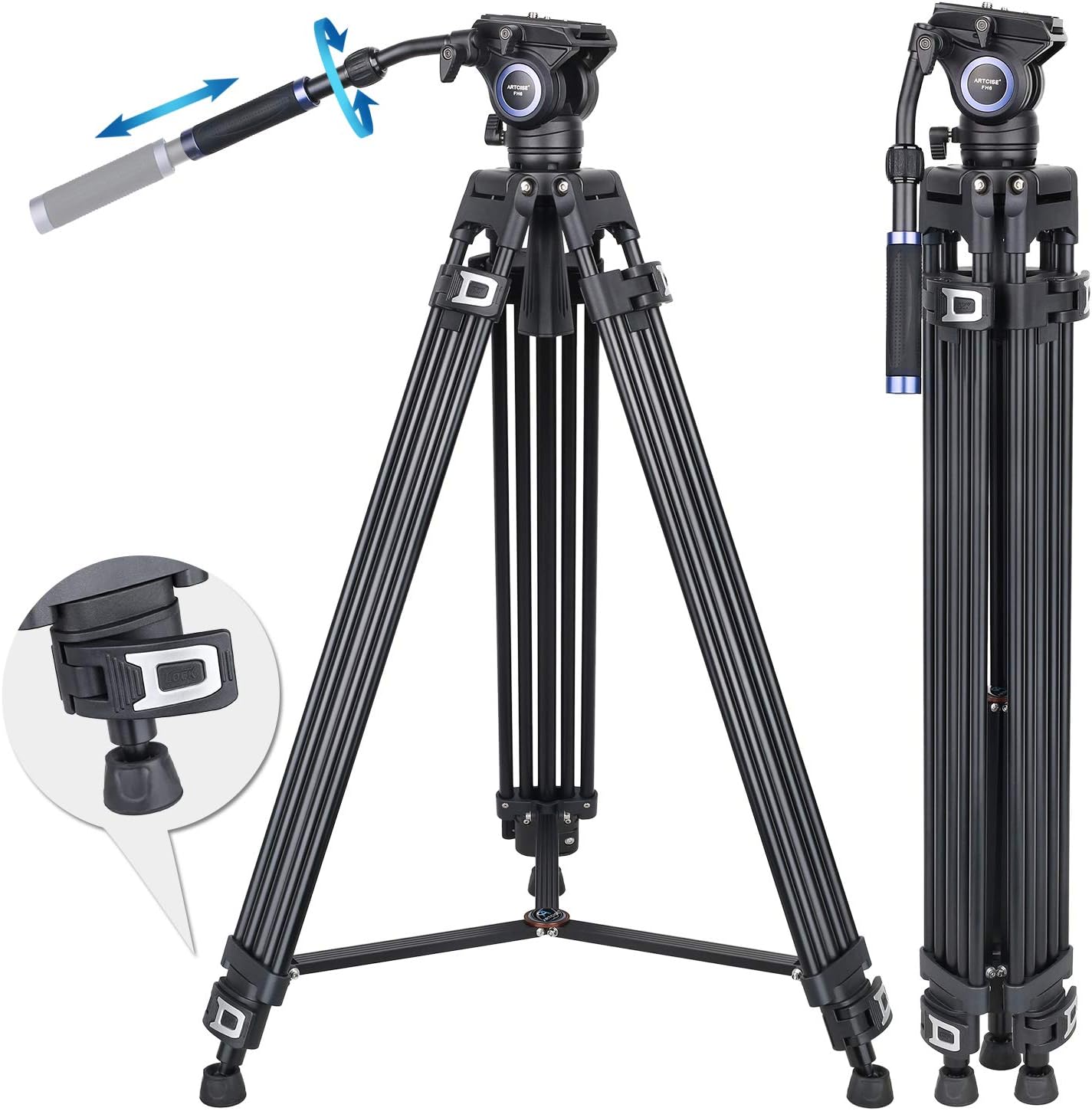 72.8 inch Video Tripod Fluid Head Tripod Heavy Duty Tripod ARTCISE Professional Aluminium Tripod with 1/4