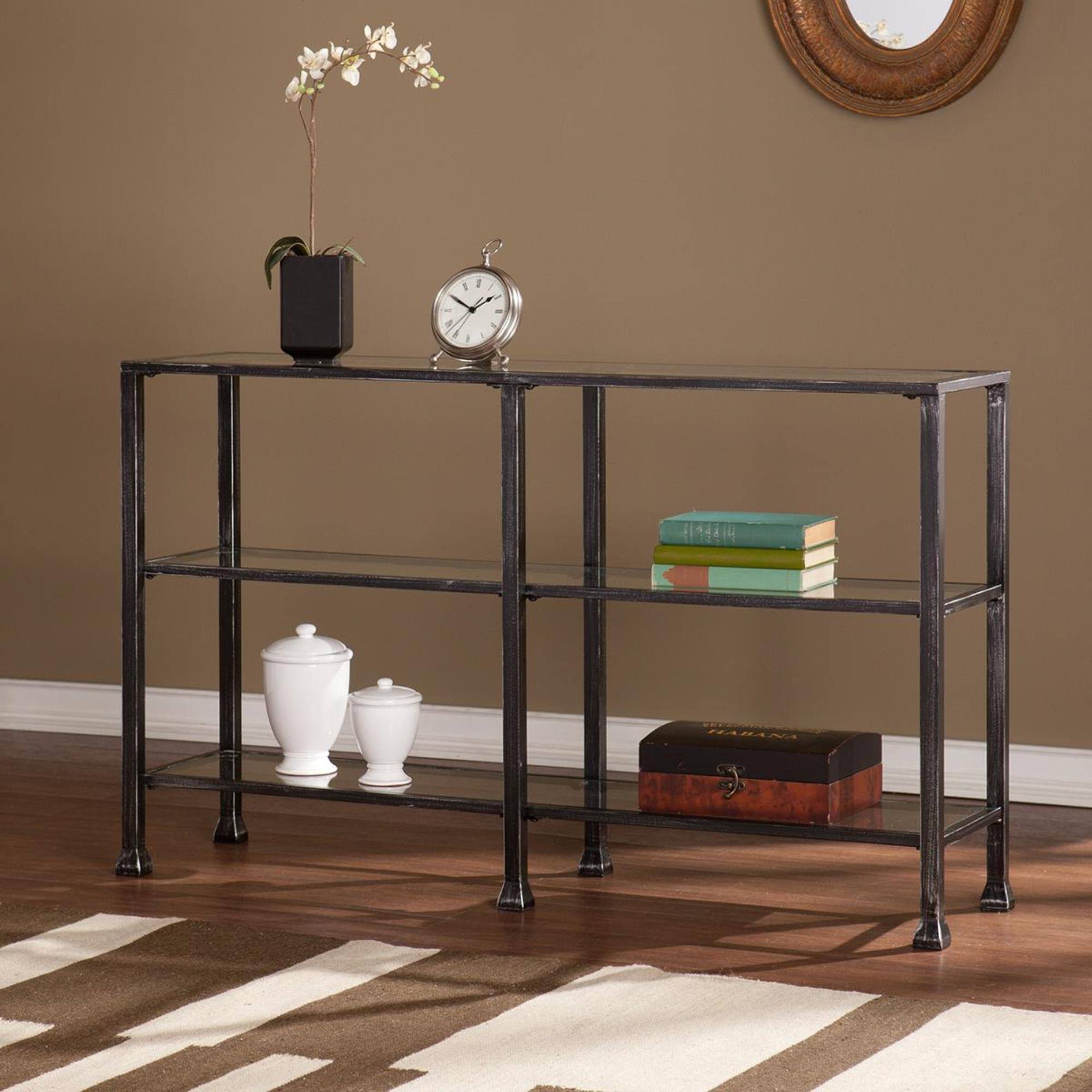 Southern Enterprises Metal/Glass 3-Tier Console Table in Distressed Black