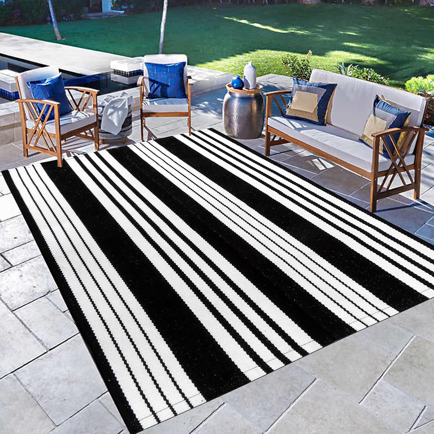 Black and White Kitchen Rug 2'X4.3', Striped Outdoor Rug Kitchen Runner Rug Front Porch Rug Machine Washable Modern Entryway Rug Cotton Woven Reversible Throw Rug for Layered Door Mats
