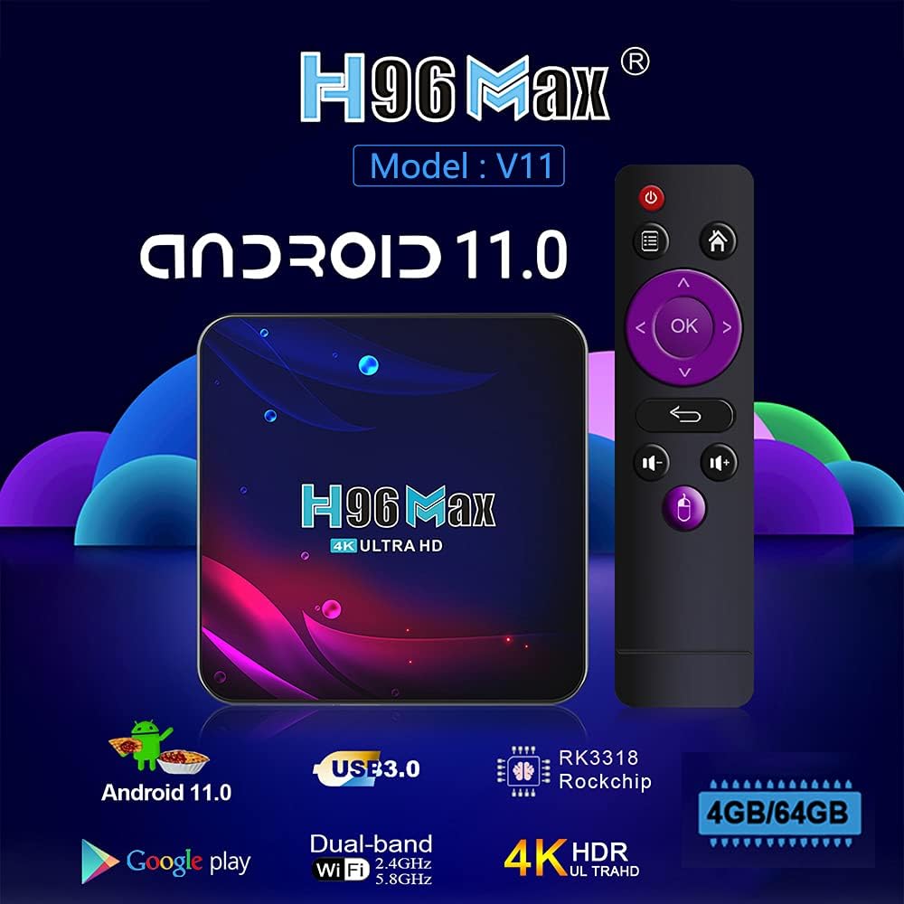 Smart TV Box 4G+64GB H96 Max Android 11.0 RK3318 Quad-Core with 2.4G WiFi 4K Ultra HD H.265 Streaming Media Player Pack of 2