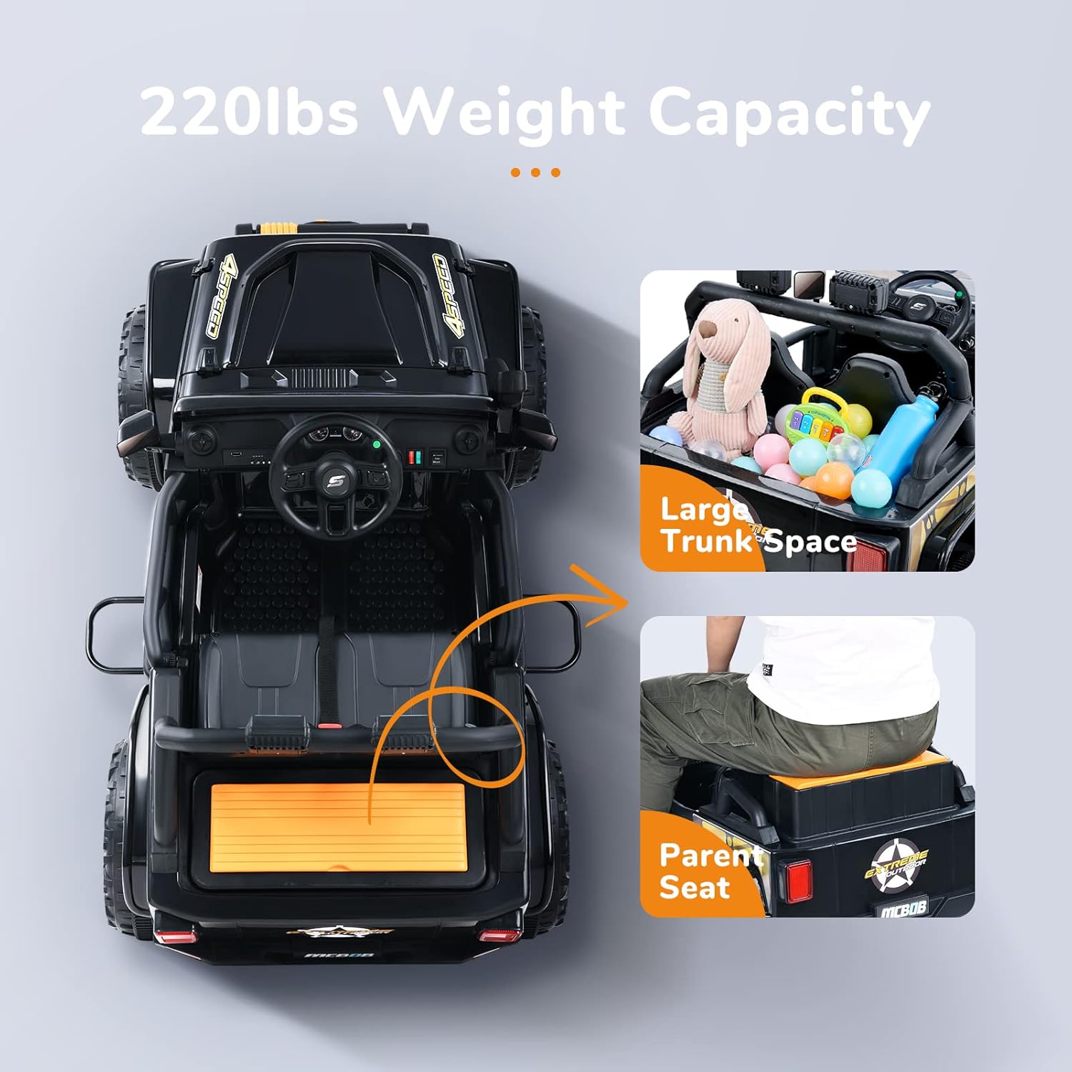 MCBOB Kids Ride On Car, Electric Car for Kids, Power Wheel with Parent Remote Control, Spring Suspension, LED Lights, Music, Kids Cars to Drive for Age1-5, Black