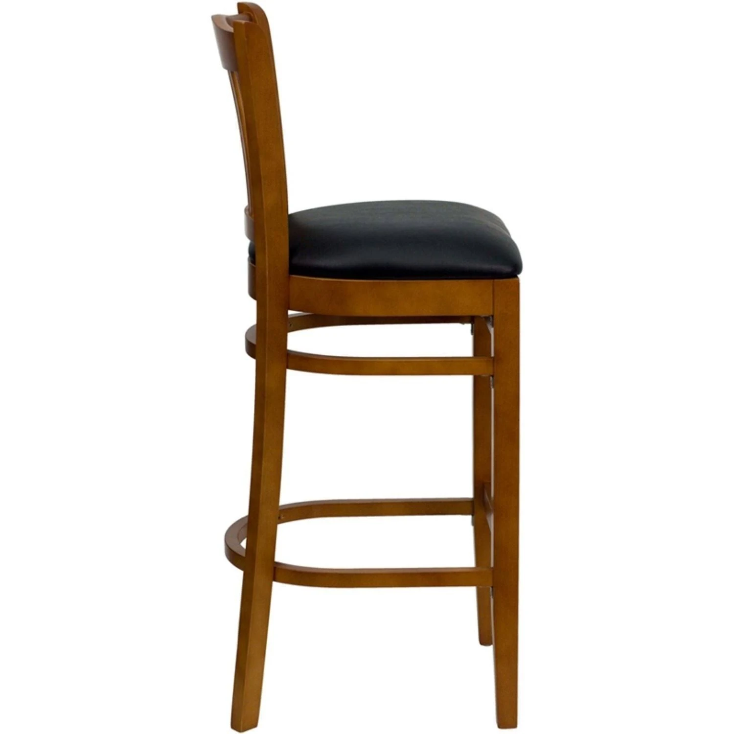 Offex Hercules Series Cherry Finished Vertical Slat Back Wooden Restaurant Bar Stool - Black Vinyl Seat