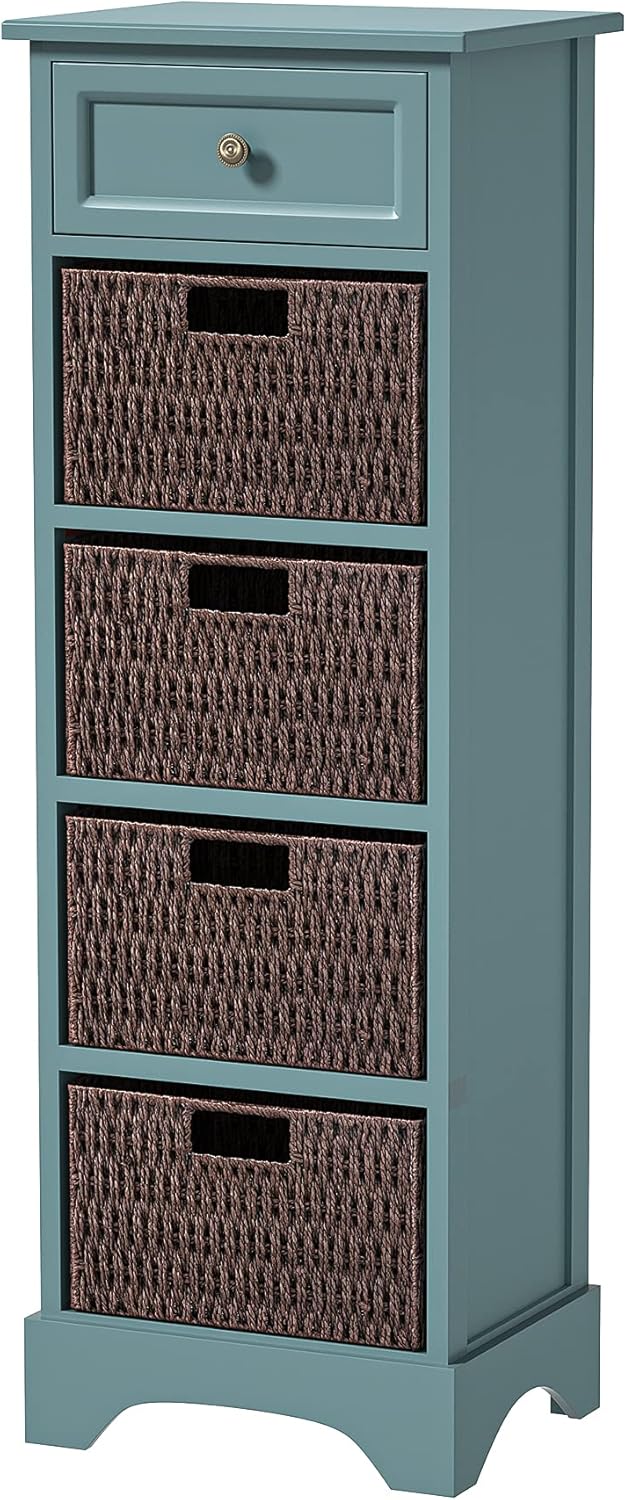 Knocbel Farmhouse Storage Cabinet with Drawer and 4 Wicker Baskets, Living Room Bedroom Entry Hallway Accent Cabinet Chest of Drawers, 132lbs Weight Capacity, 15
